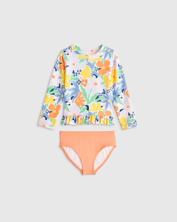 Long Sleeve Ruffle Rash Guard Two-Piece Swimsuit