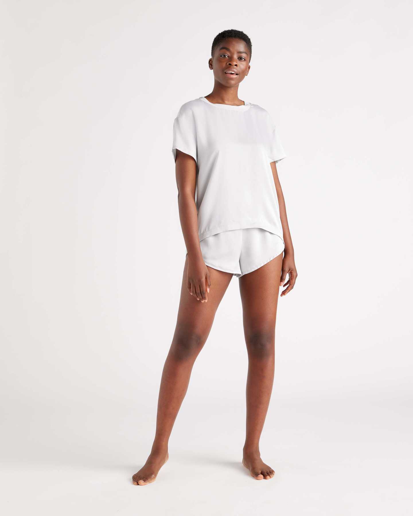 100% Washable Silk Tee & Shorts Pajama Set - Light Grey