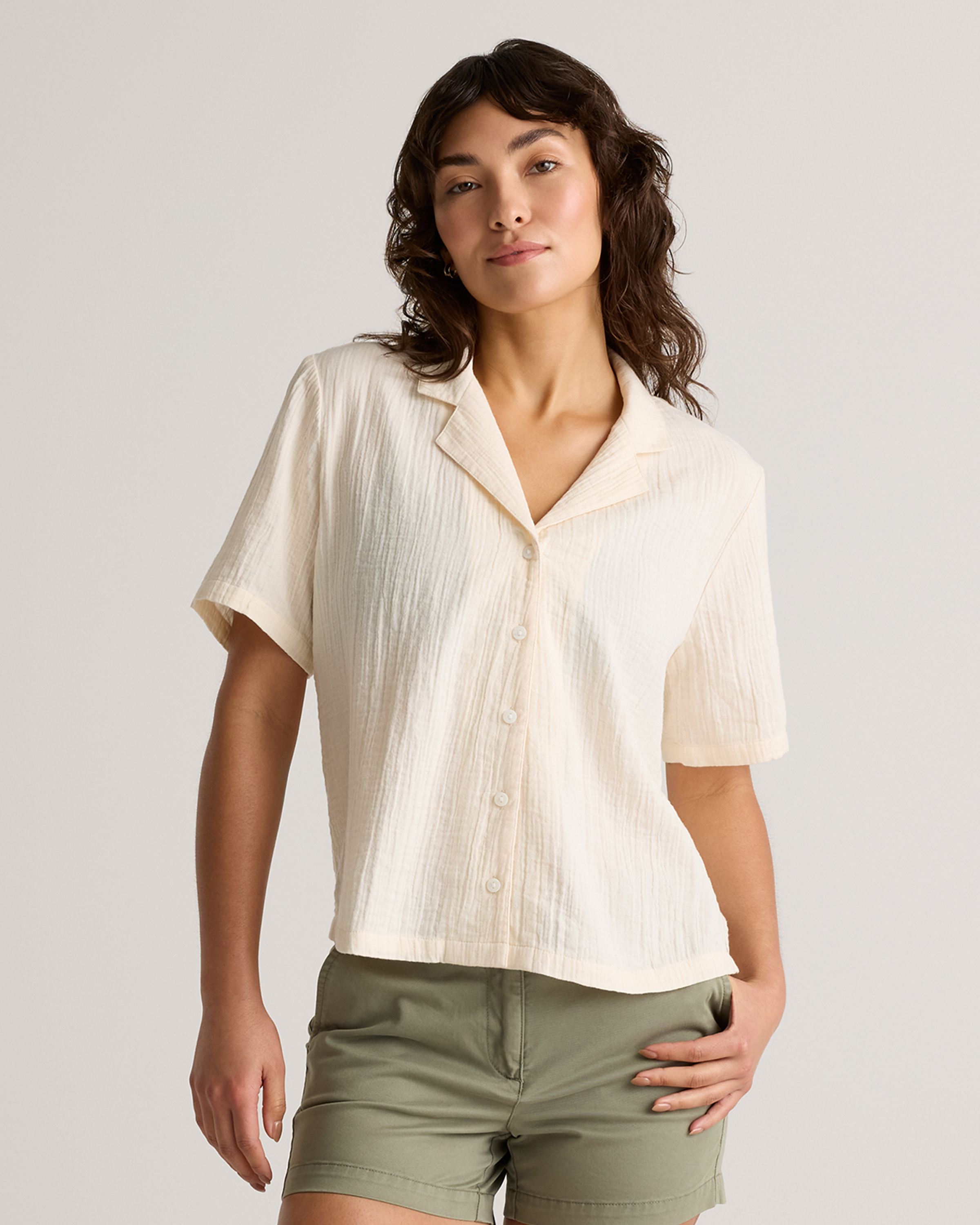 100% Organic Cotton Gauze Short Sleeve Shirt in Vintage Cream