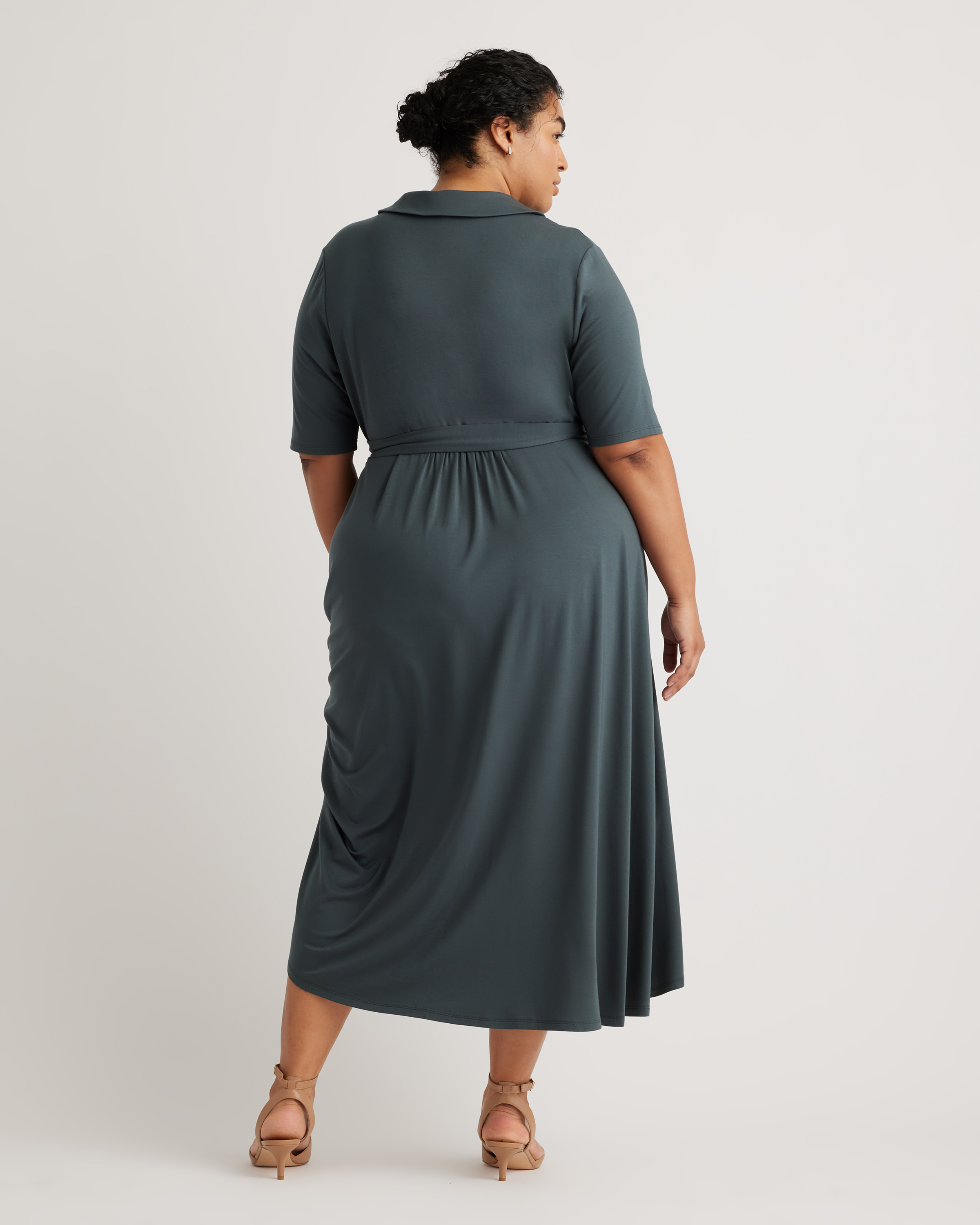 quince wrap dress Women's Tencel Jersey Midi Dress, Wine Color, Size XL The dress features a rounded collar and a modern midi length Tencel Jersey Midi Wrap Dress