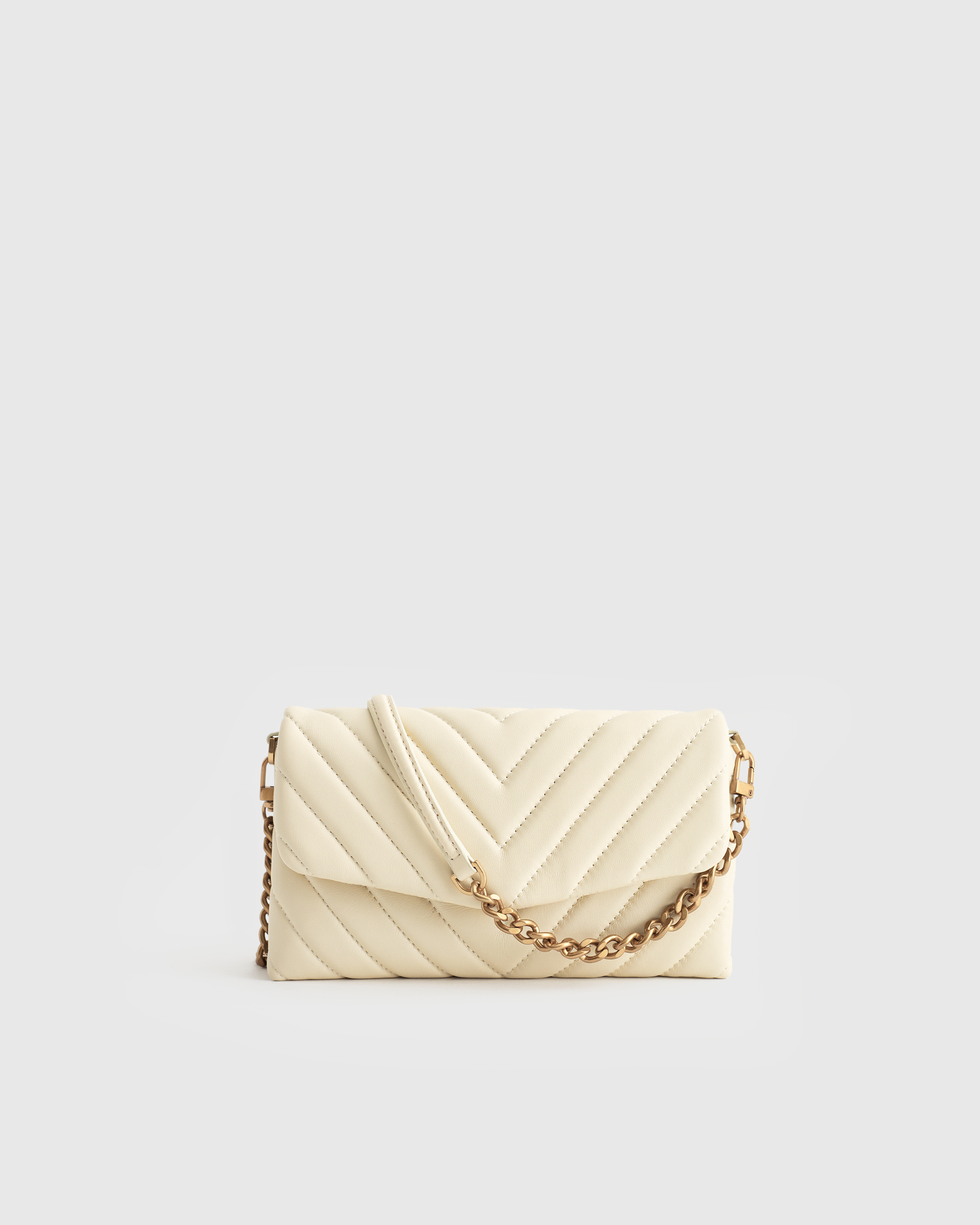 Cream Leather-Look Quilted Chain Strap Shoulder Bag