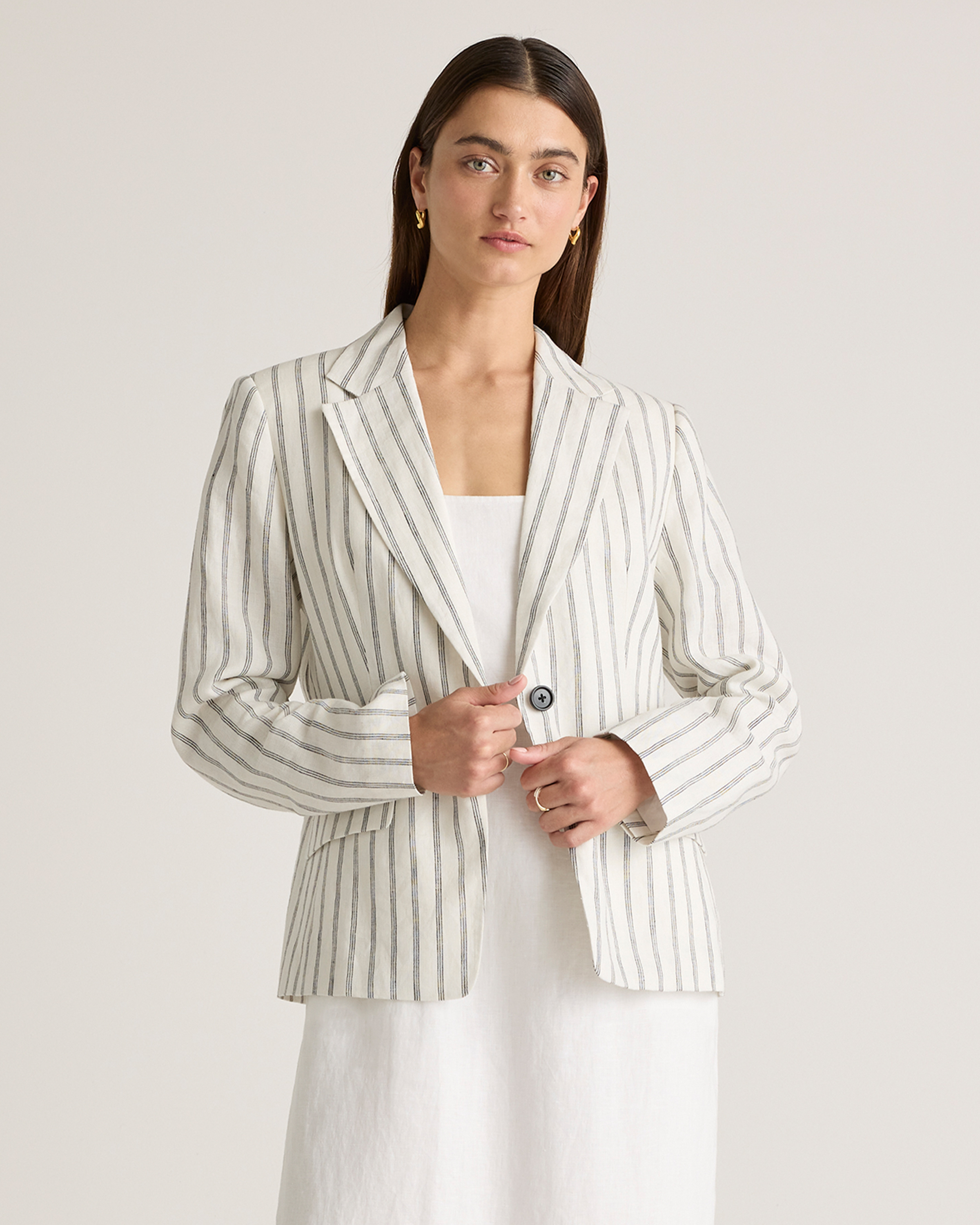 Shop Quince Women's 100% European Linen Structured Blazer In Oatmeal / Black Stripe