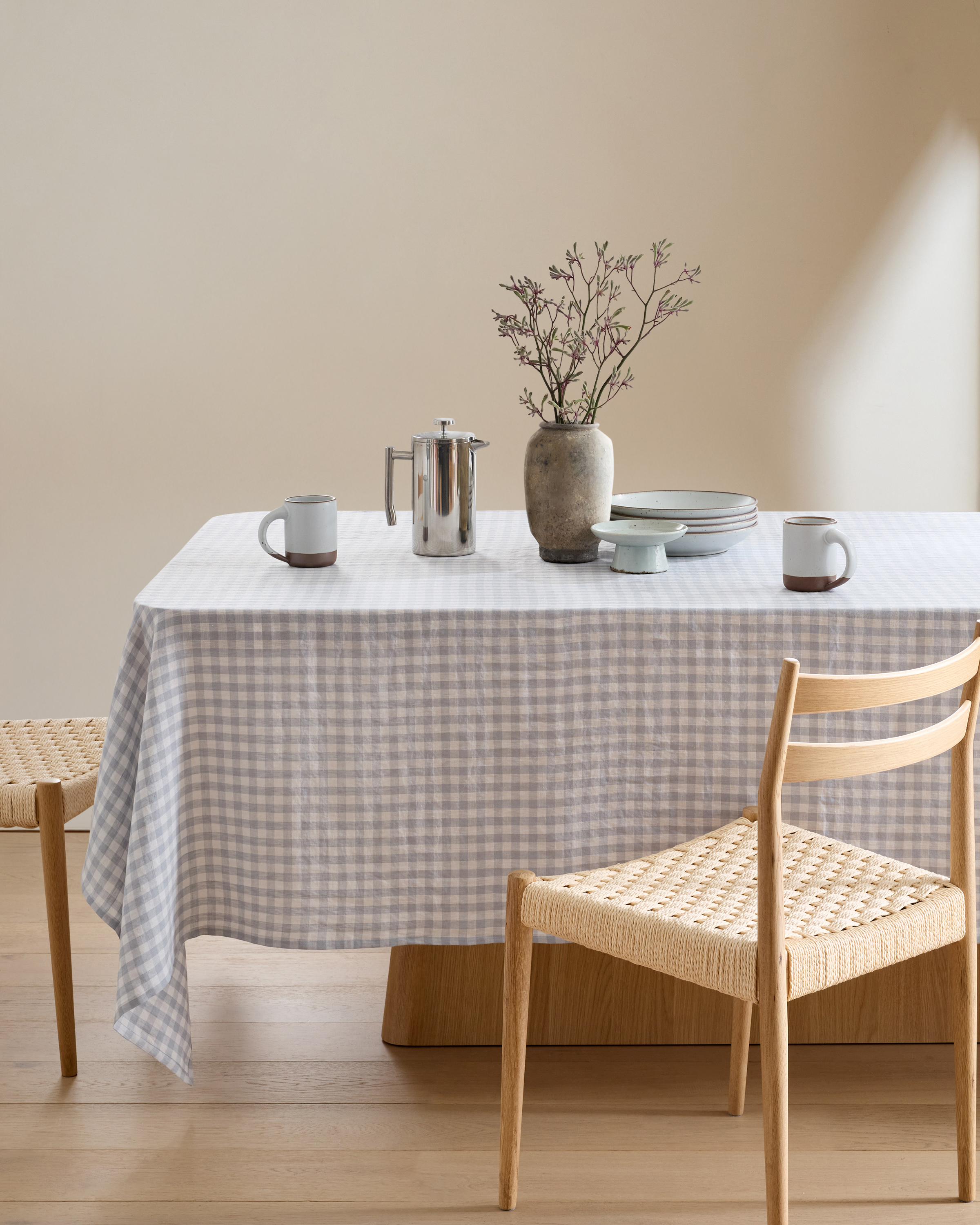 European Linen Gingham Tablecloth in Blue Fog