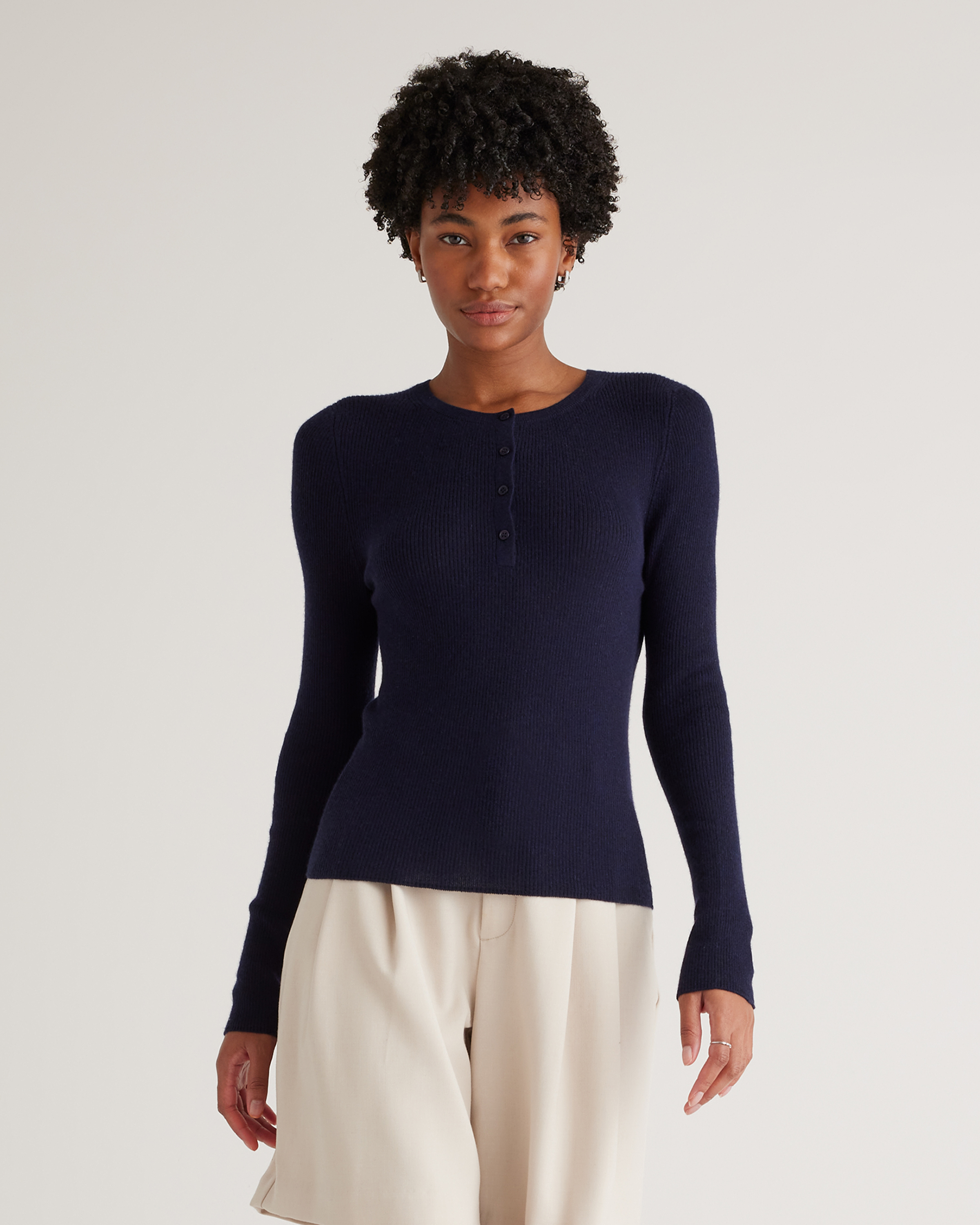 Shop Quince Women's Featherweight Cashmere Ribbed Henley Sweater In Deep Navy