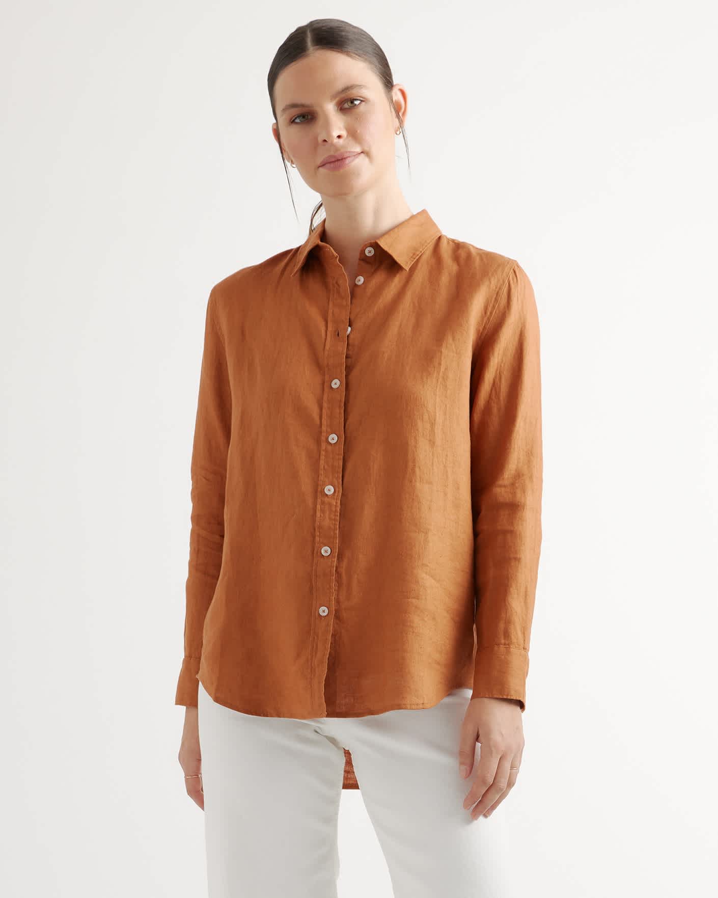 100% European Linen Long Sleeve Shirt - Terracotta - 5