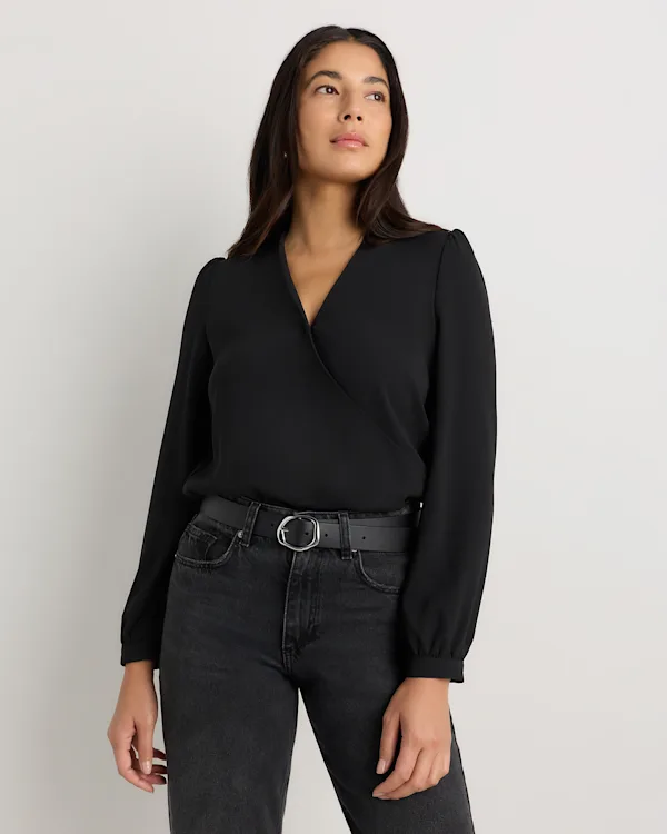 Fluid Crepe Surplice Long Sleeve Blouse