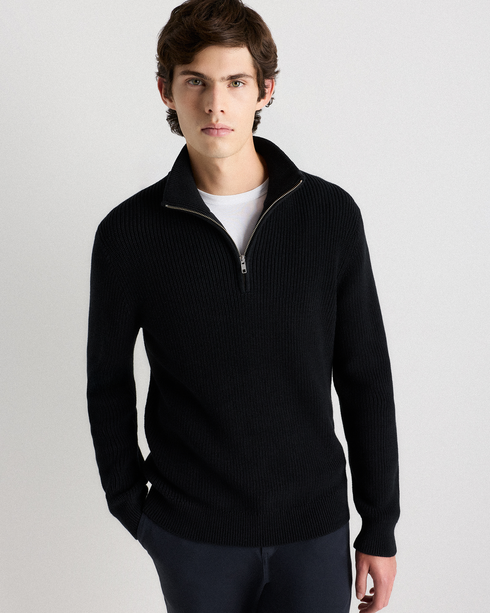 Men's 100% Organic Cotton Ribbed Quarter-Zip Sweater in Charcoal
