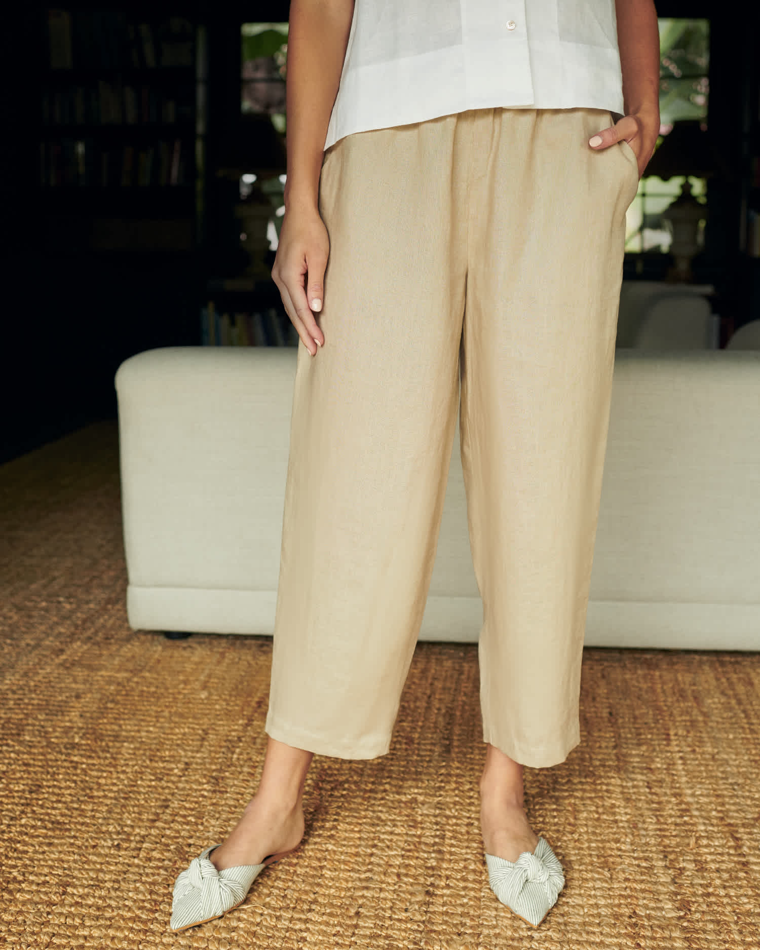 linen pants for women in sand linen tank white 2