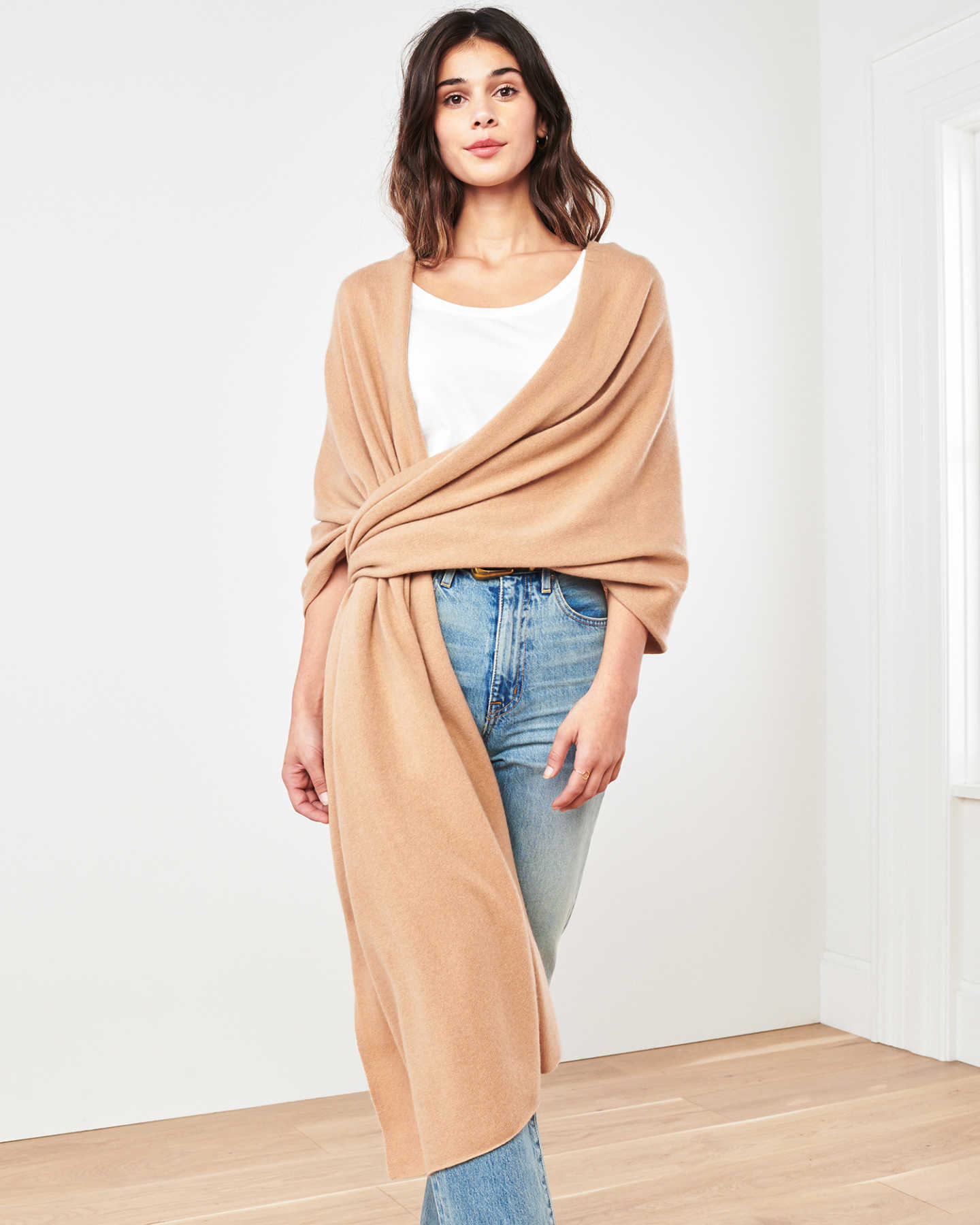 Woman wearing camel cashmere wrap & cashmere shawl wrap