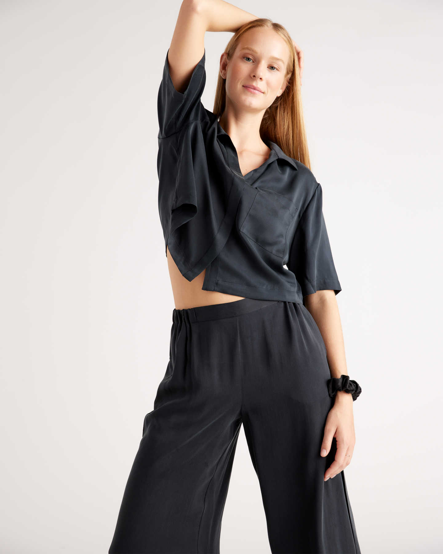 100% Washable Silk Button Up & Pants Pajama Set - Black - 4 - Thumbnail