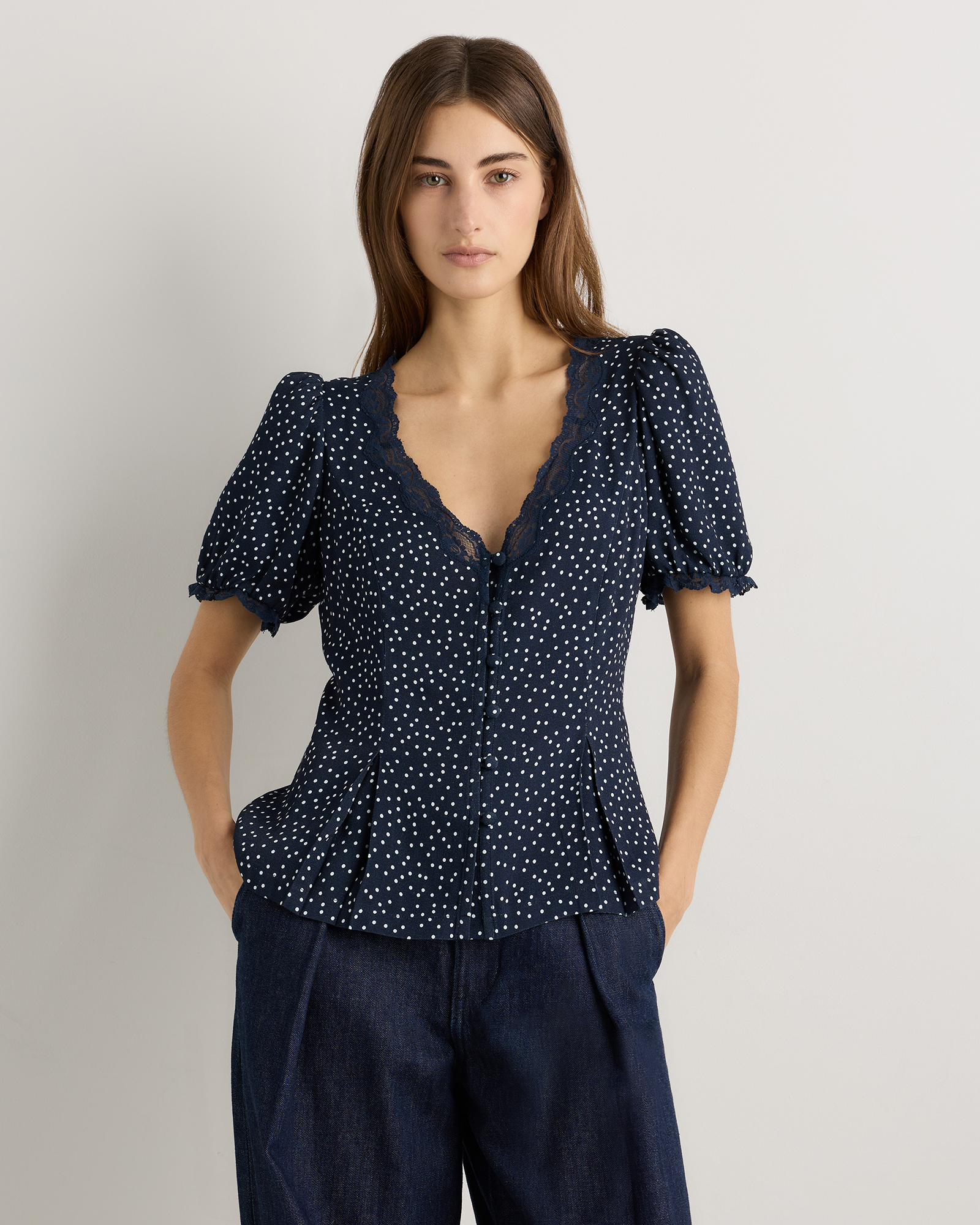 Lightweight Crepe Lace Puff Sleeve Blouse