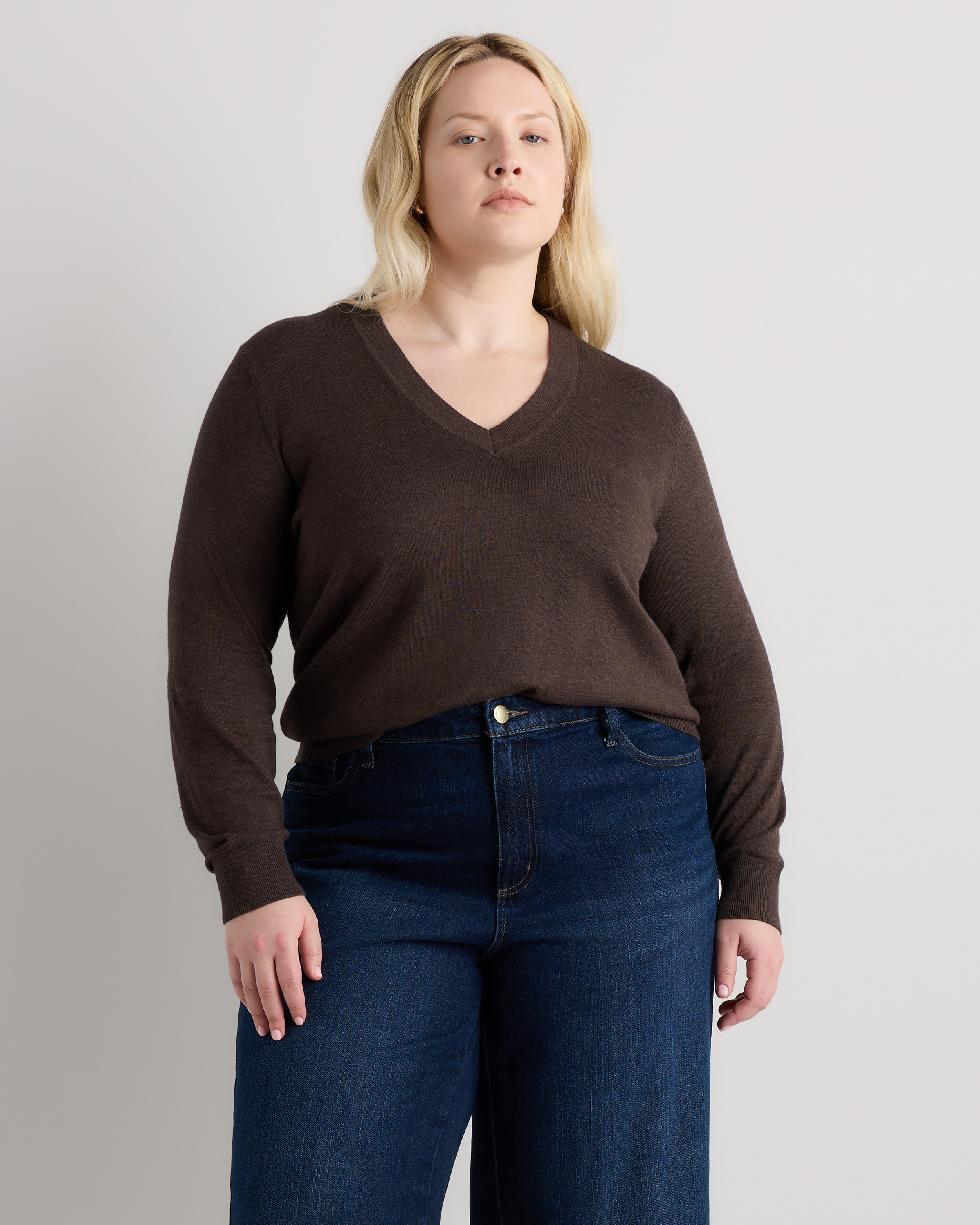 Plus Size Lightweight Cotton Cashmere V-Neck Sweater in Mocha 