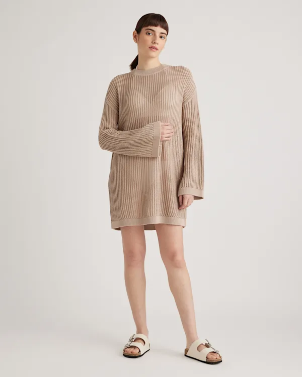 100% Organic Cotton Open-Knit Long Sleeve Cover-Up Mini Dress