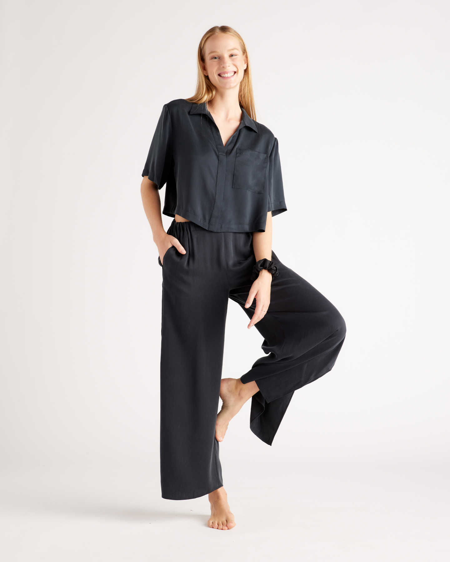 100% Washable Silk Button Up & Pants Pajama Set - Black - 0