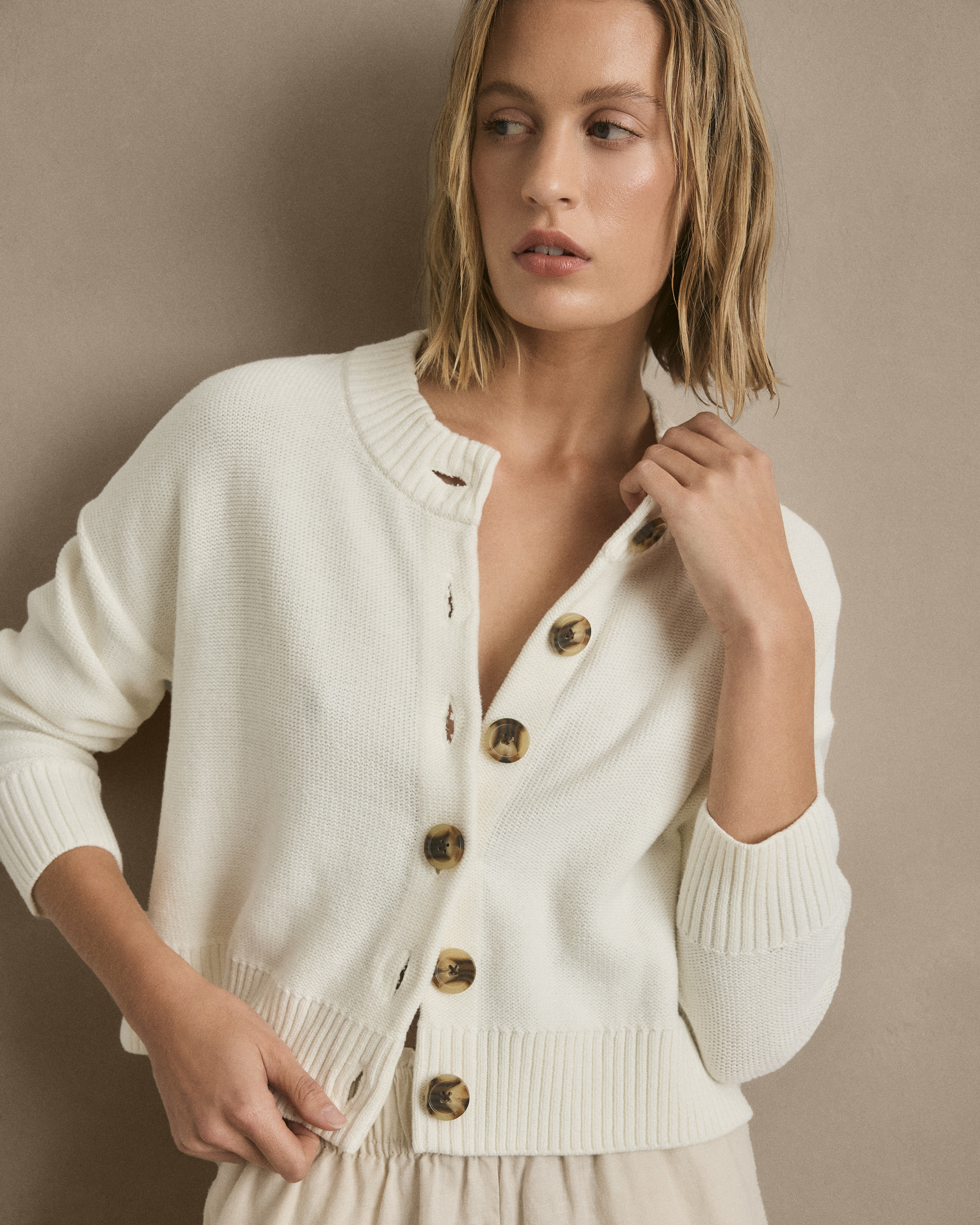 100% Organic Cotton Cropped Cardigan in Cafe Au Lait