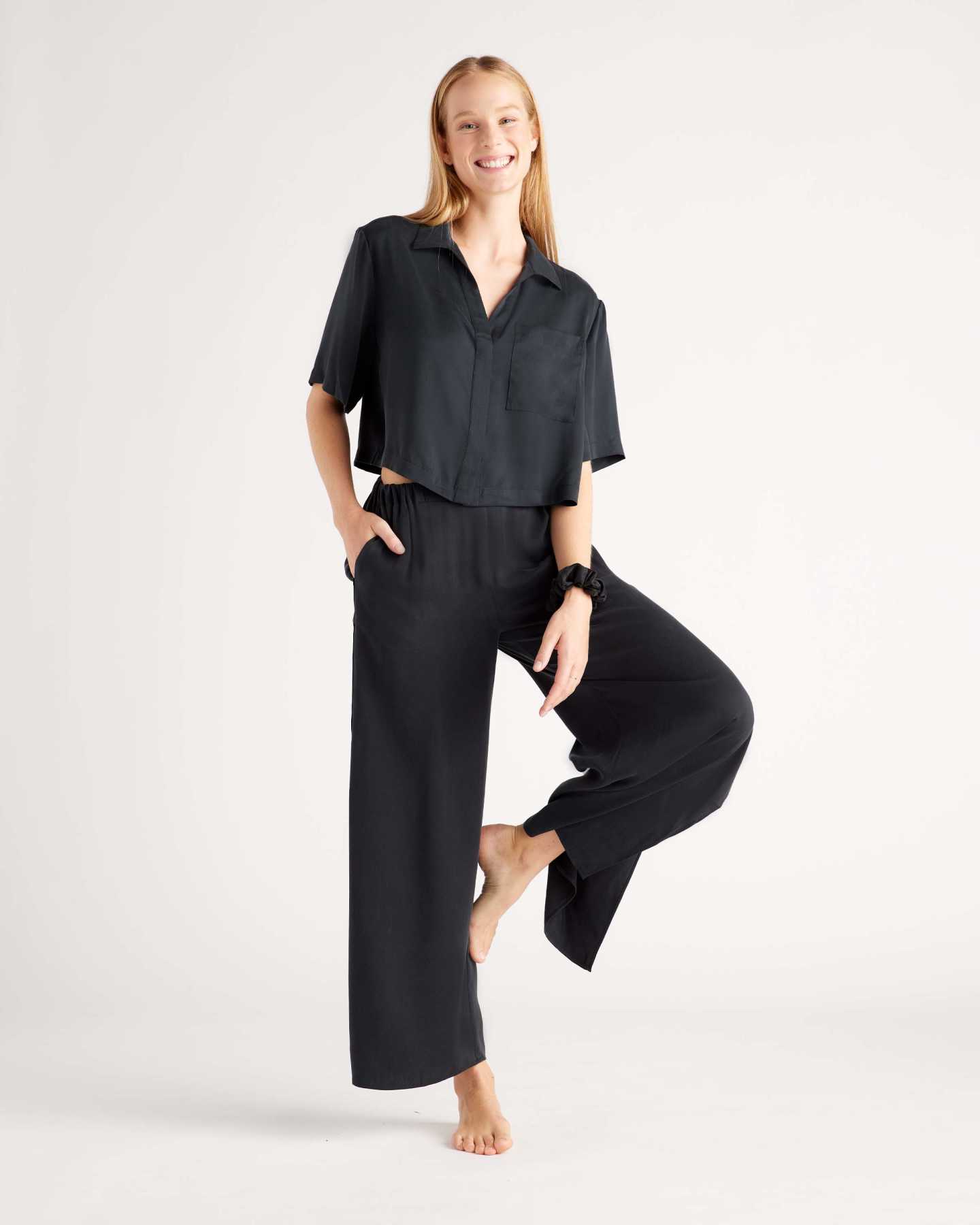 100% Washable Silk Button Up & Pants Pajama Set - Black - 0 - Thumbnail