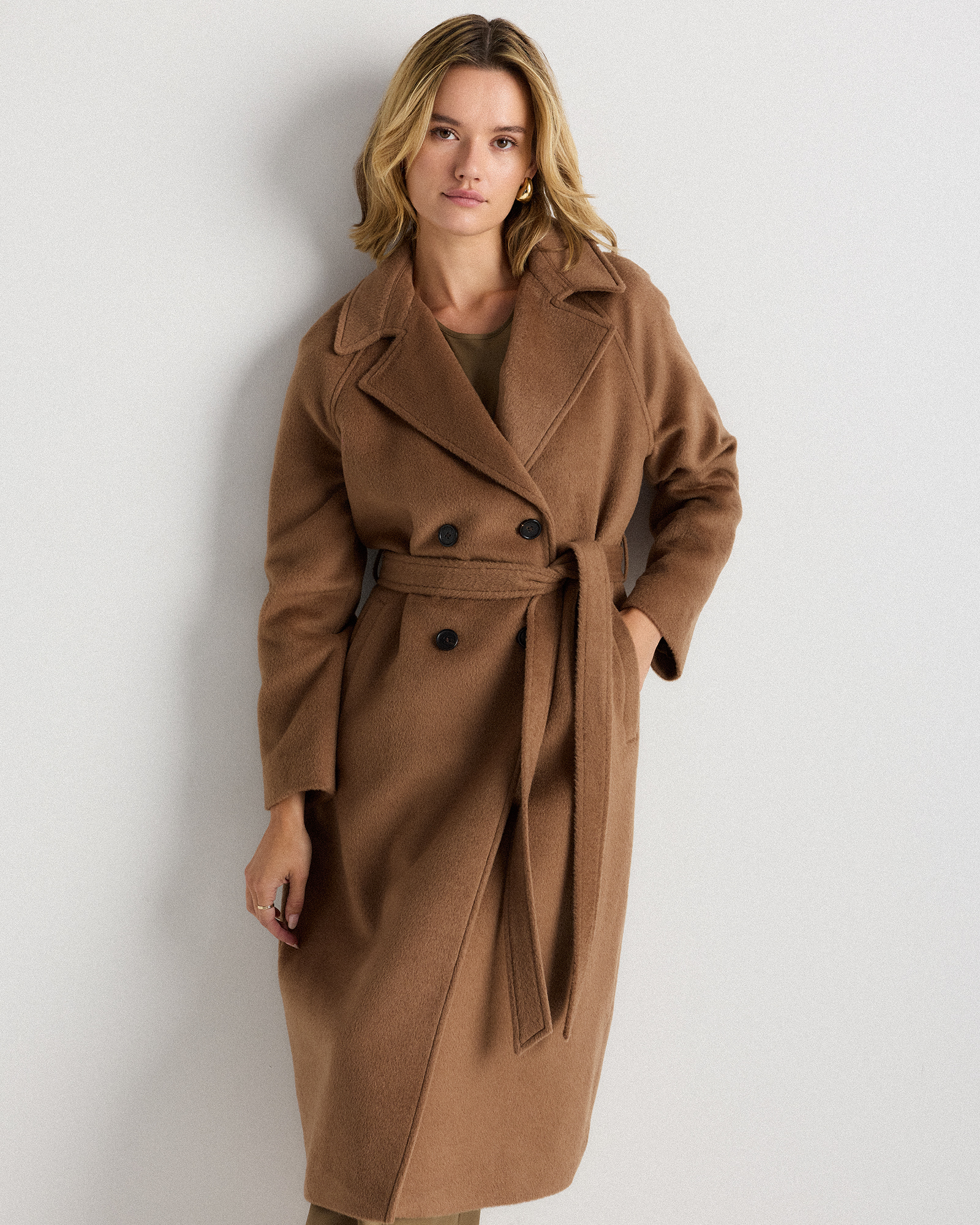 Camel Hair Double-Breasted Long Wrap Coat in Vicuna