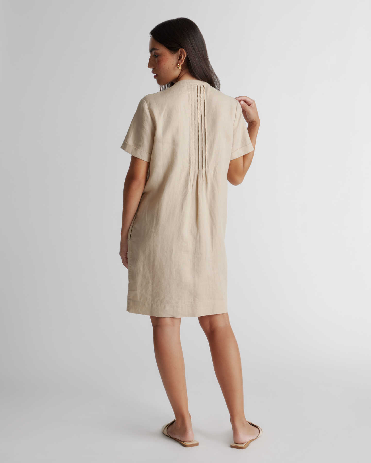 100% European Linen Short Sleeve Swing Dress  - Driftwood - 7 - Thumbnail