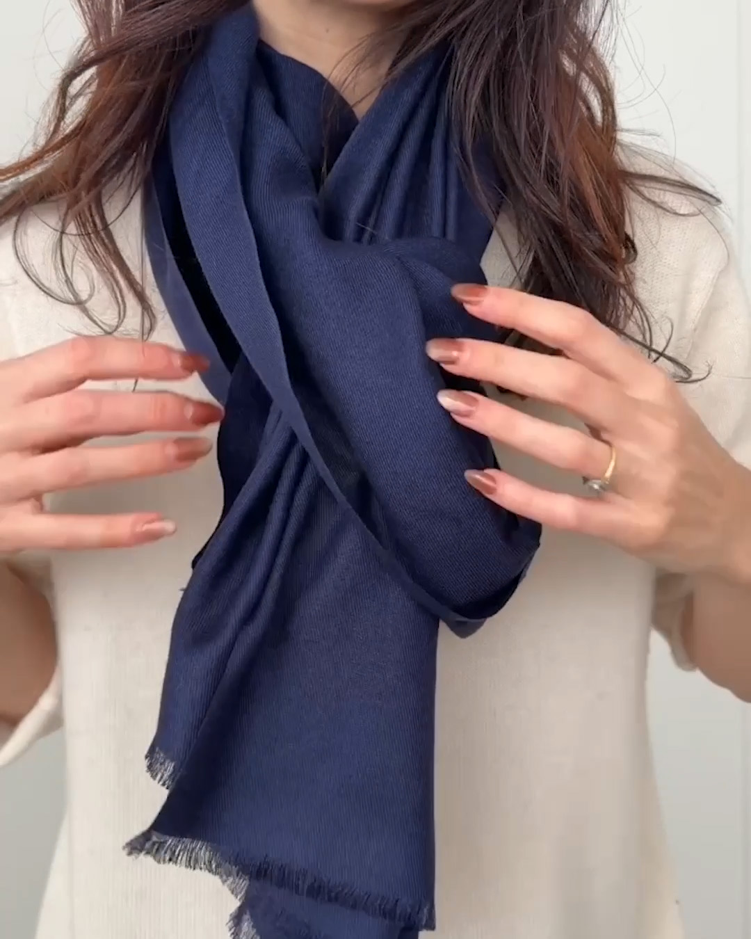 Featherweight Cashmere Silk Frayed Edge Scarf in Navy
