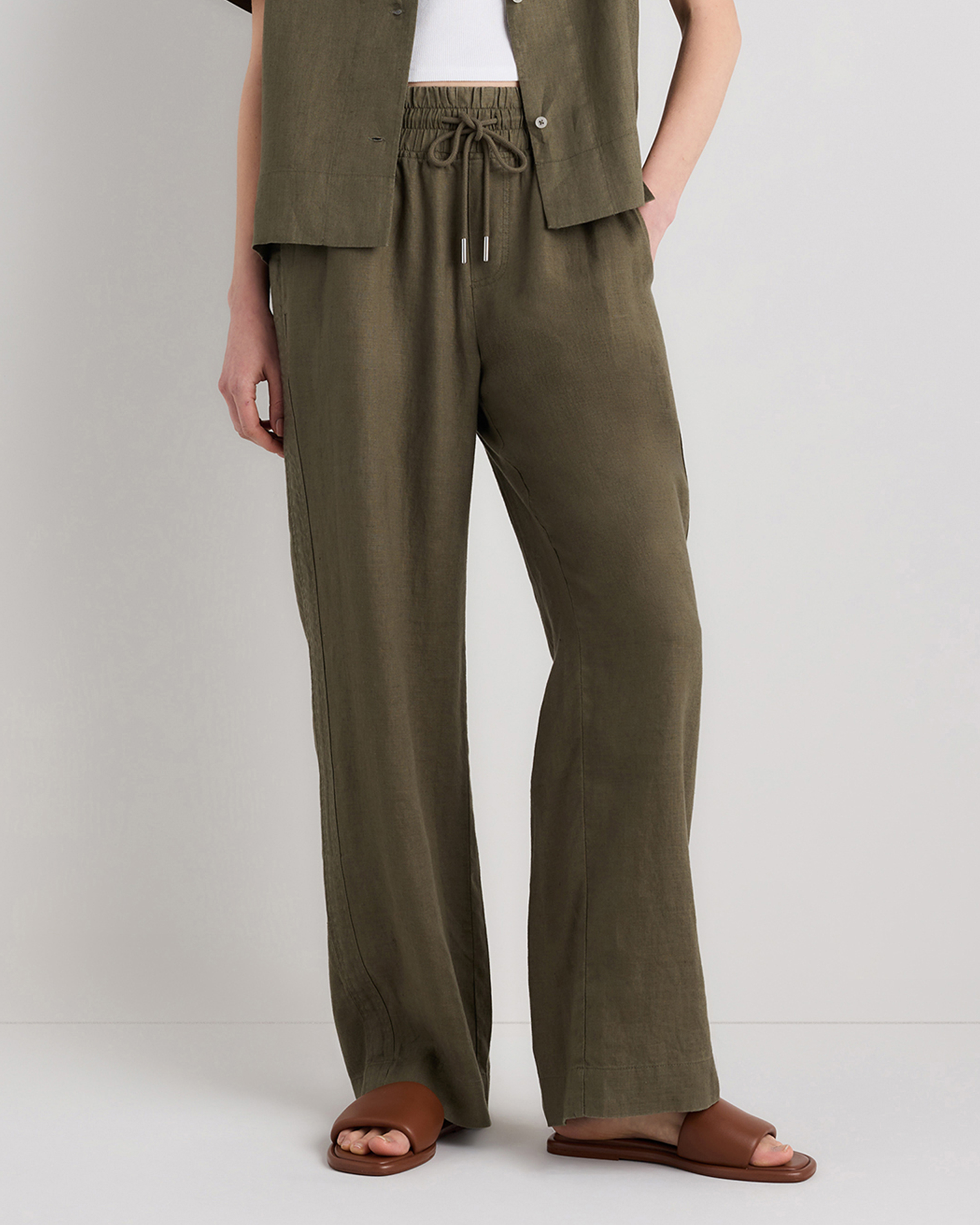100% European Linen Wide Leg Pants in Martini Olive