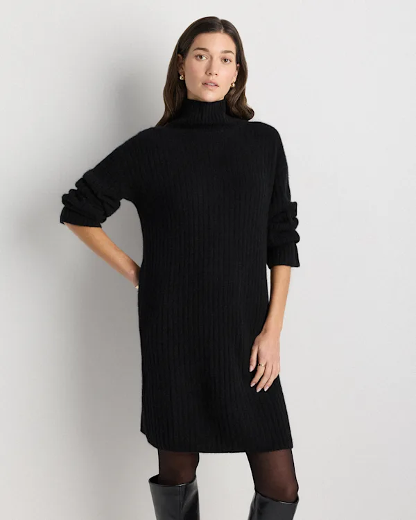 Mongolian Cashmere Ribbed Turtleneck Mini Dress