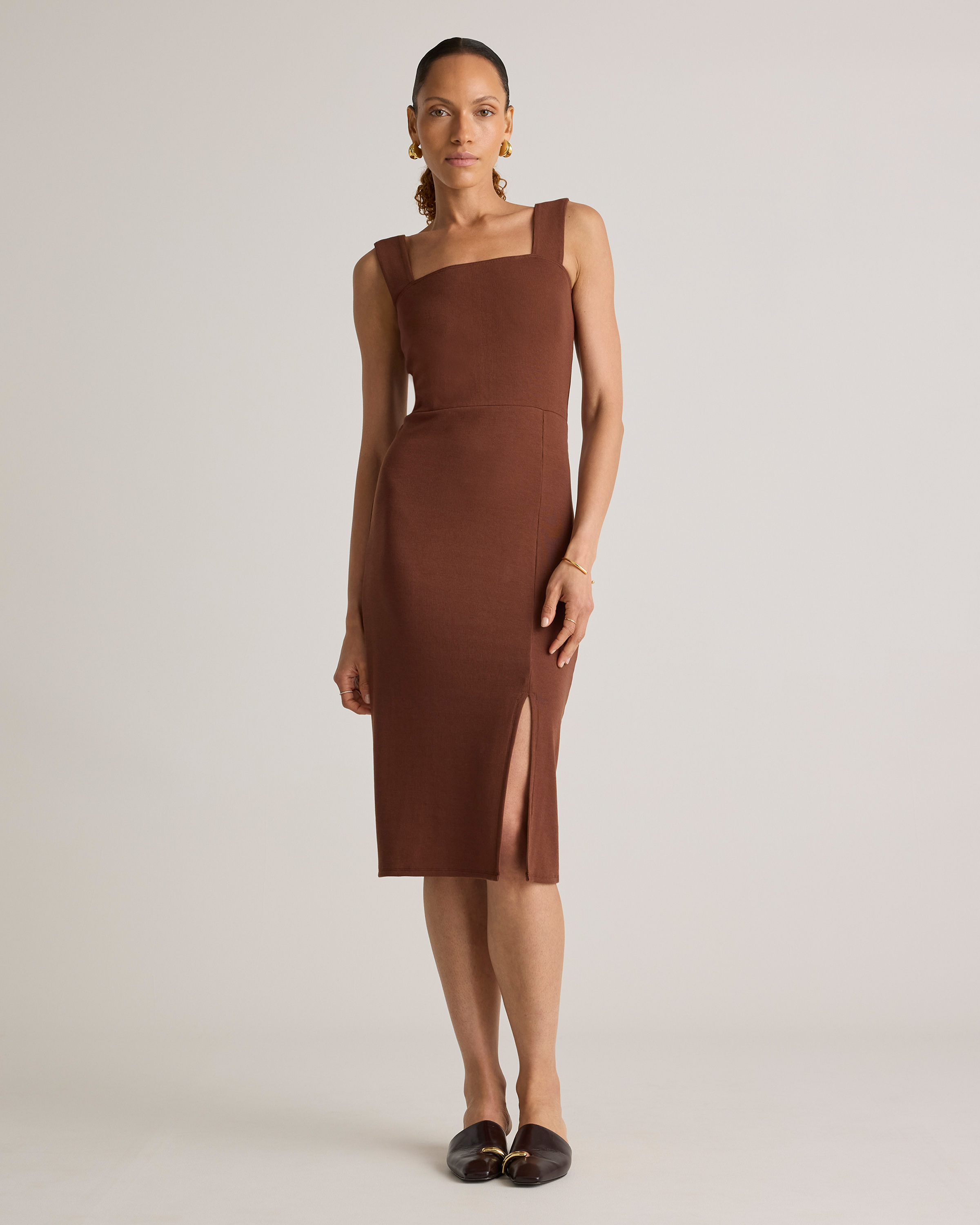 Tencel Rib Knit Sleeveless Square Neck Midi Dress