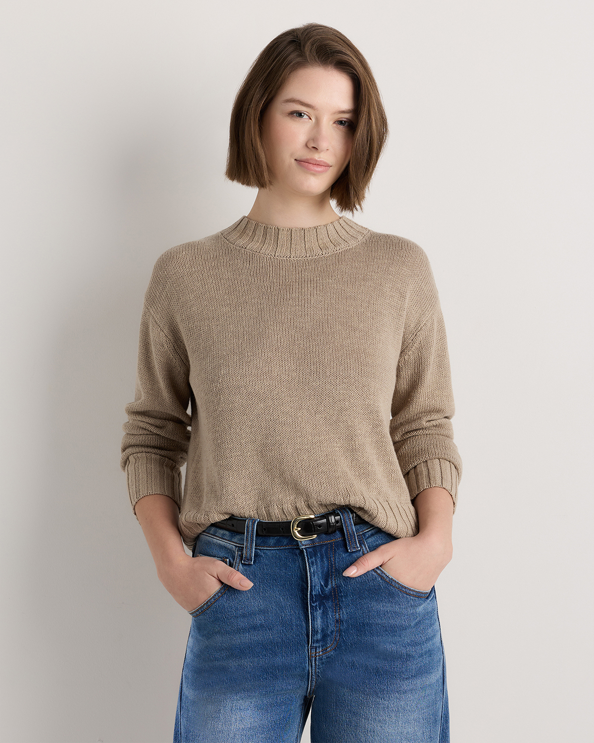 Cotton Linen Relaxed Crew Sweater in Earthen Khaki