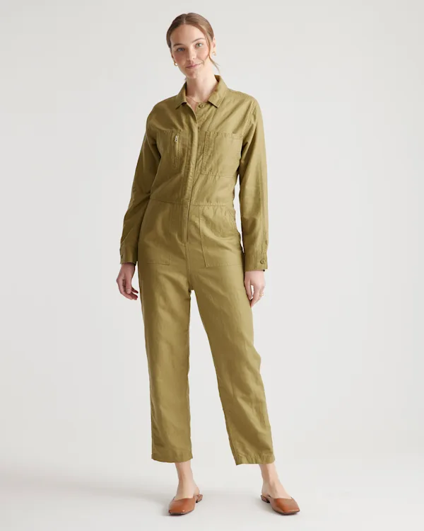 Cotton Linen Twill Long Sleeve Coverall Jumpsuit