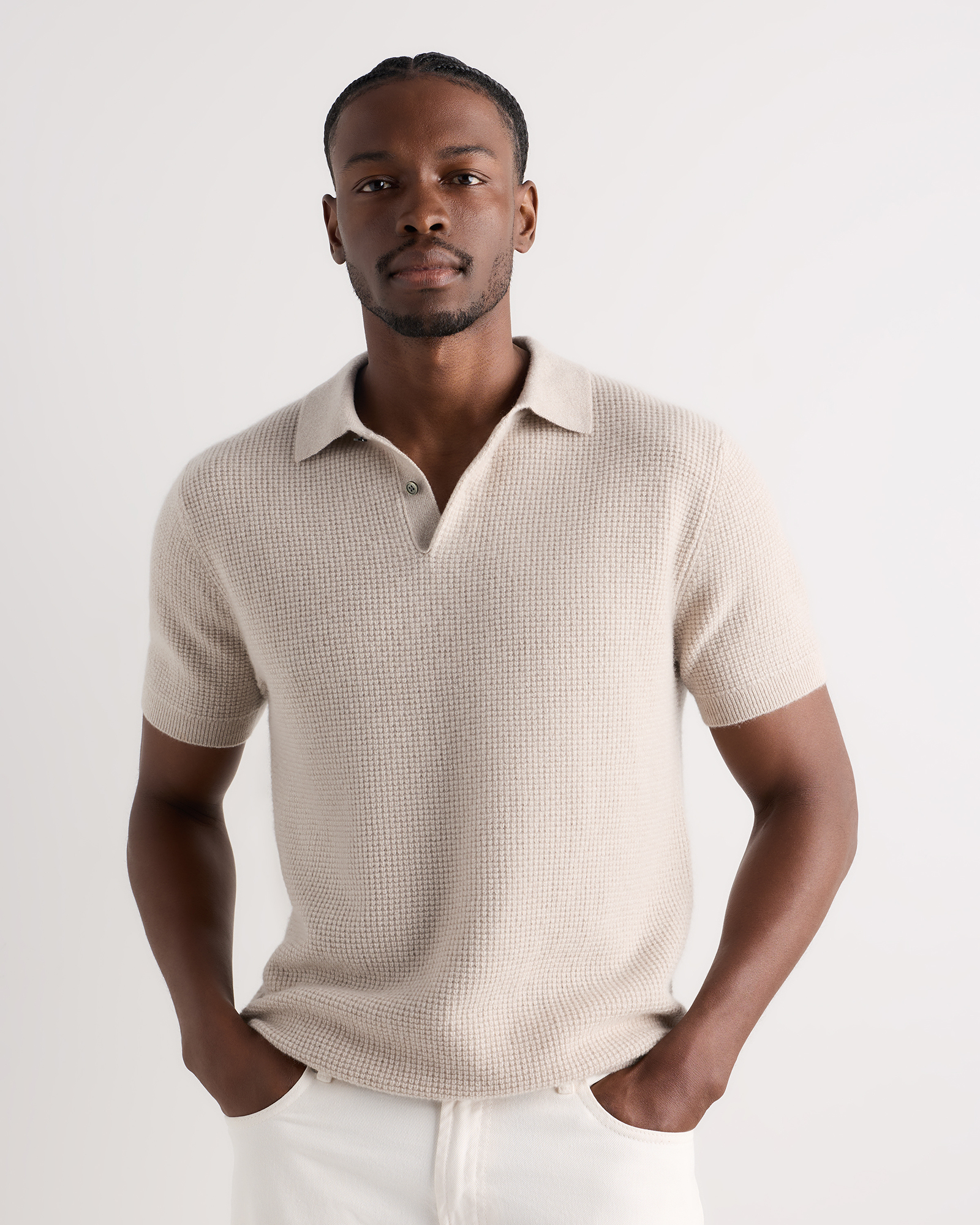 Mongolian Cashmere Waffle Short Sleeve Polo Sweater
