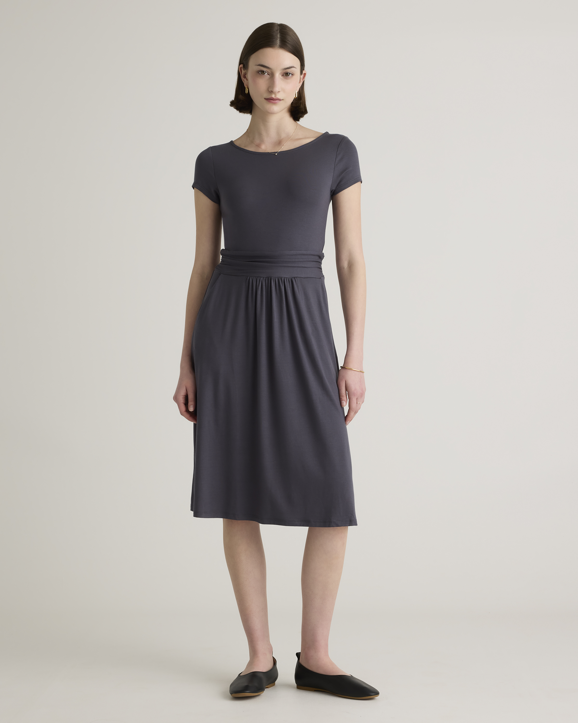 Shop Quince Women's Tencel Jersey Ruched Waist Dress In Carbon Grey