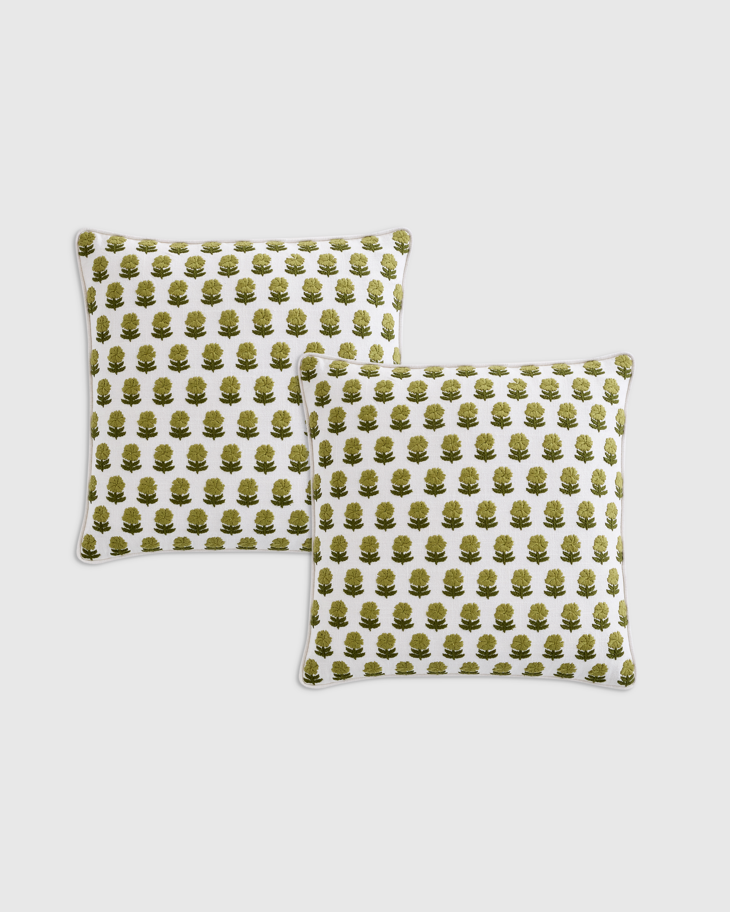 Embroidered Floral Cotton Pillow Cover (Set of 2) - Green, 20x20