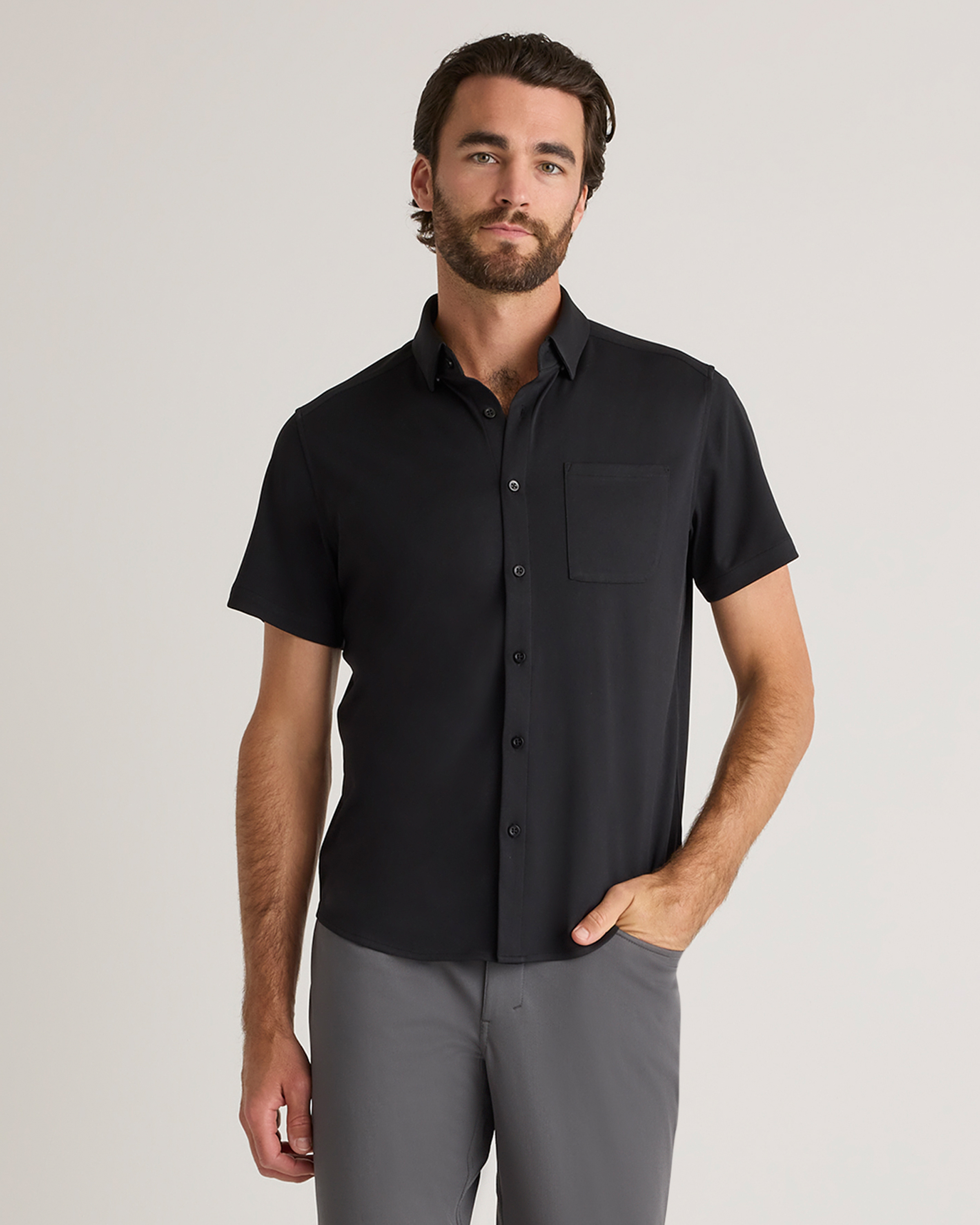 Shop Quince Men's Commuter Stretch Pique Short Sleeve Button Down In Black