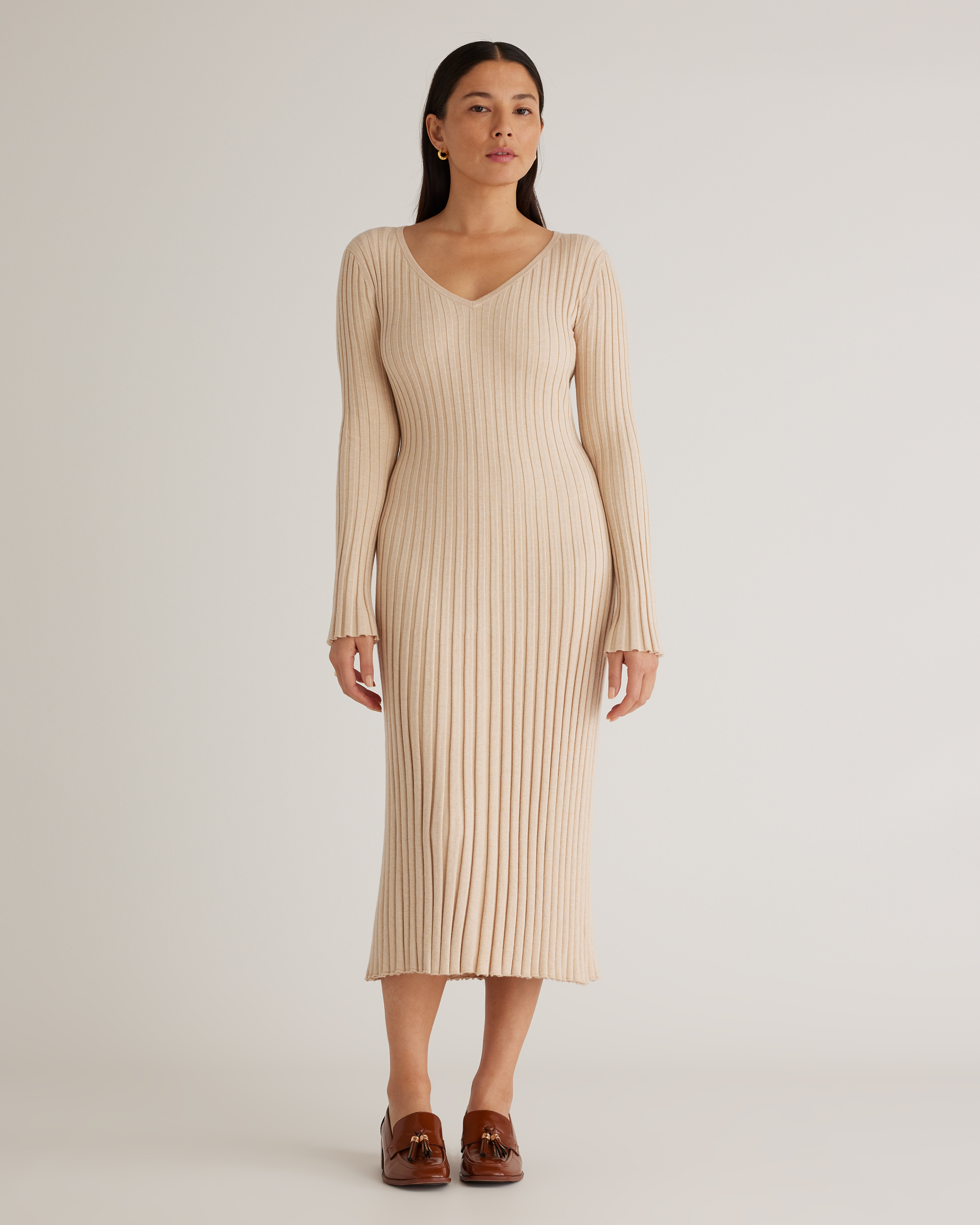 Quince Women's Cotton Cashmere Ribbed Long Sleeve V-neck Midi Dress In Heather Oatmeal