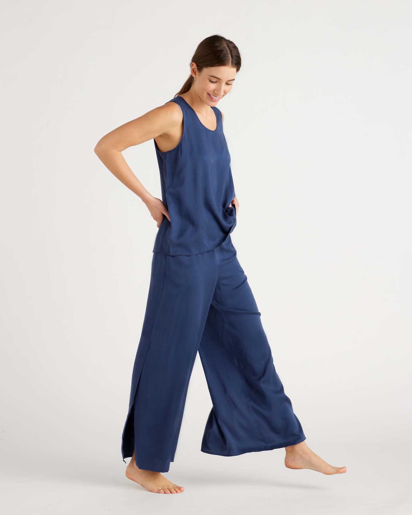 100% Washable Silk Tank & Pants Pajama Set - Indigo - 3 - Thumbnail