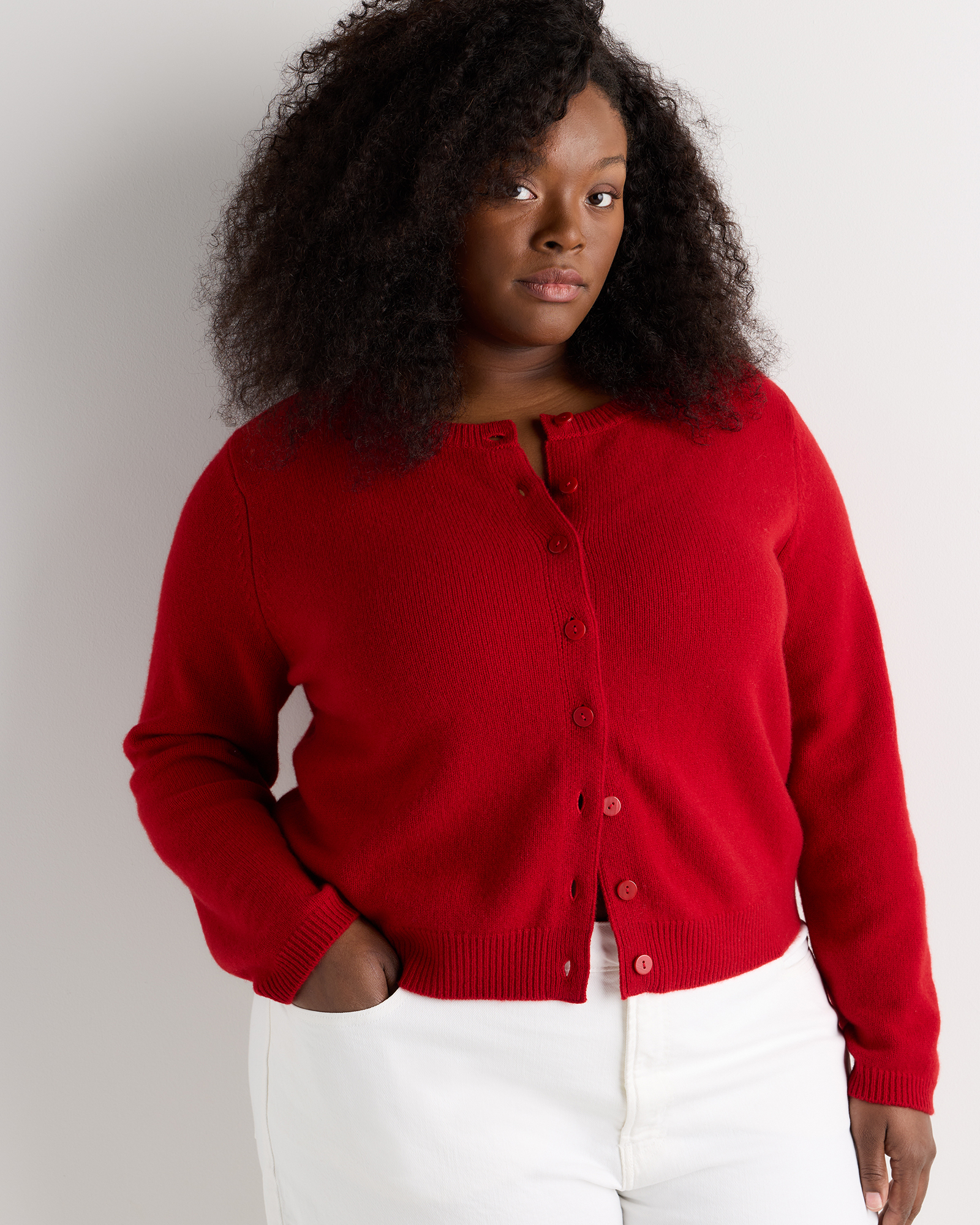Mongolian Cashmere Cropped Crew Cardigan - Plus Size in Varsity Red