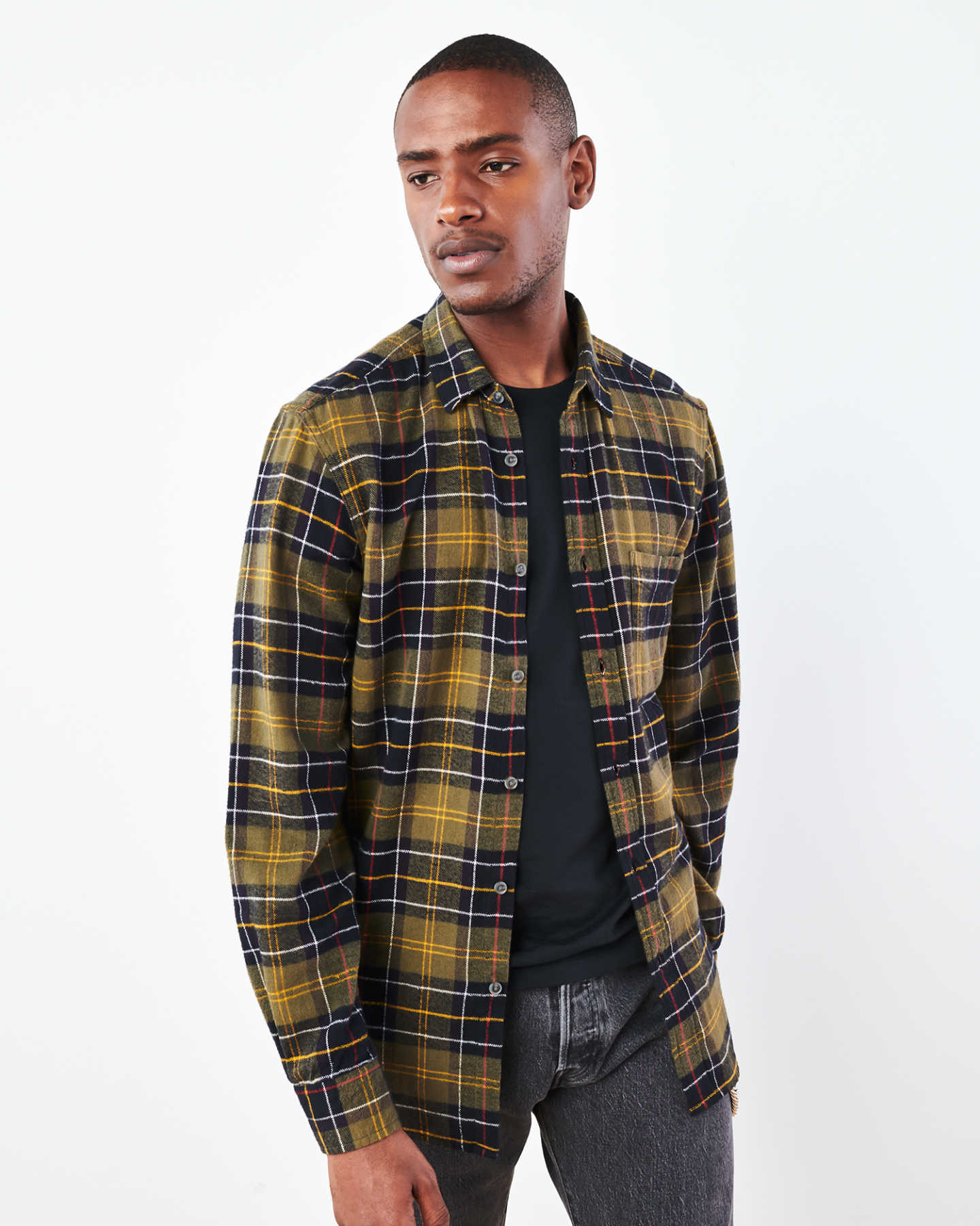 Soft Brushed Plaid Flannel Shirt - Olive/Black