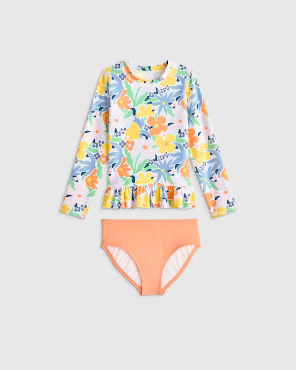 Long Sleeve Ruffle Rash Guard Two-Piece Swimsuit
