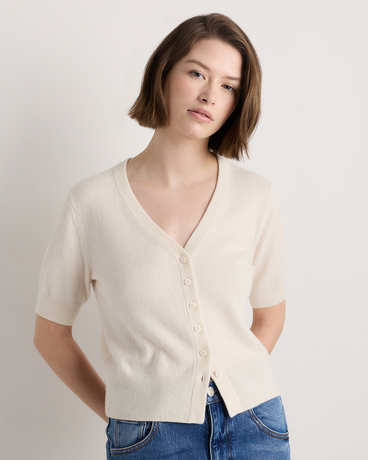 Mongolian Cashmere Short Sleeve Cardigan in Ivory