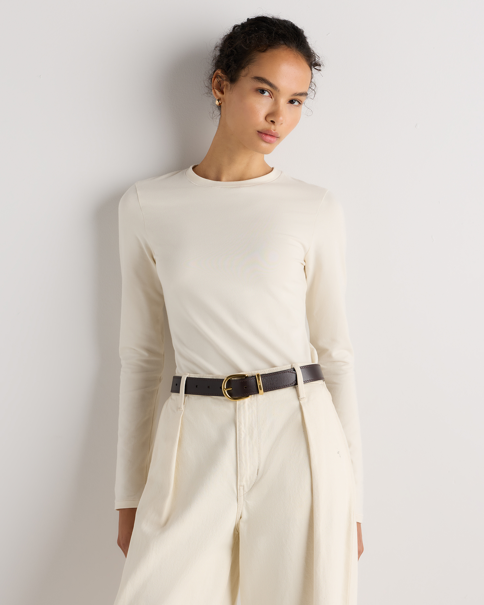Stretch Cotton Jersey Fitted Long Sleeve T-Shirt