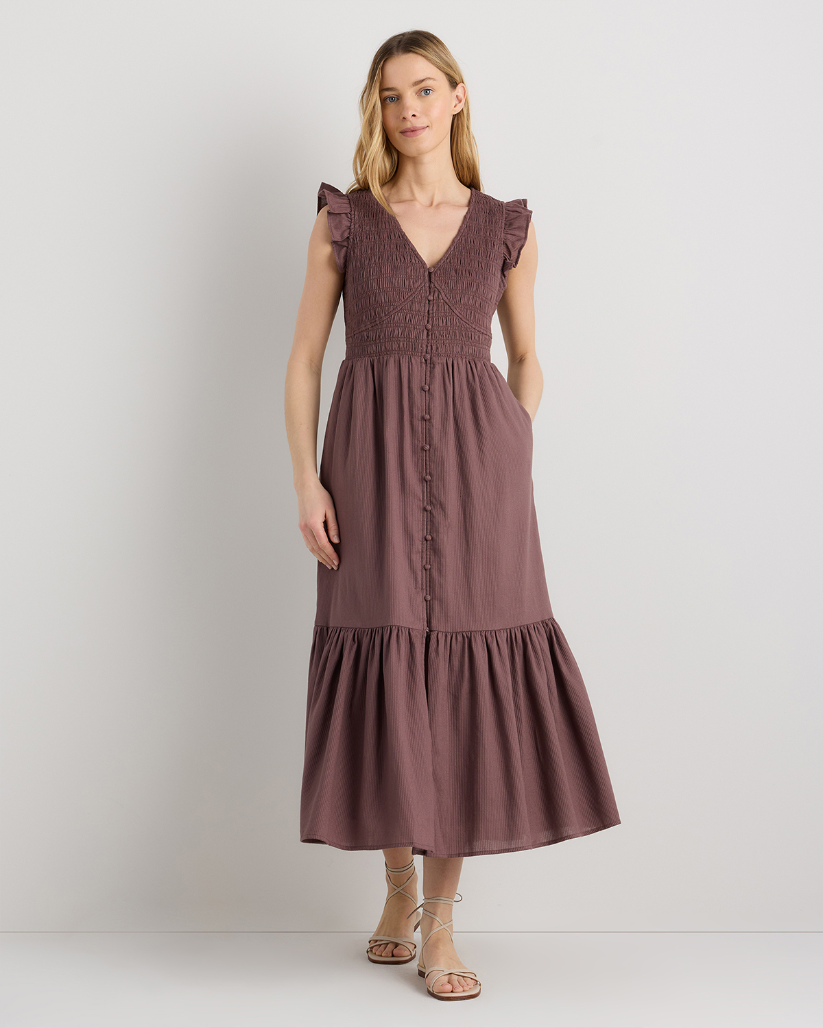 Organic Textured Cotton Smocked V-Neck Midi Dress