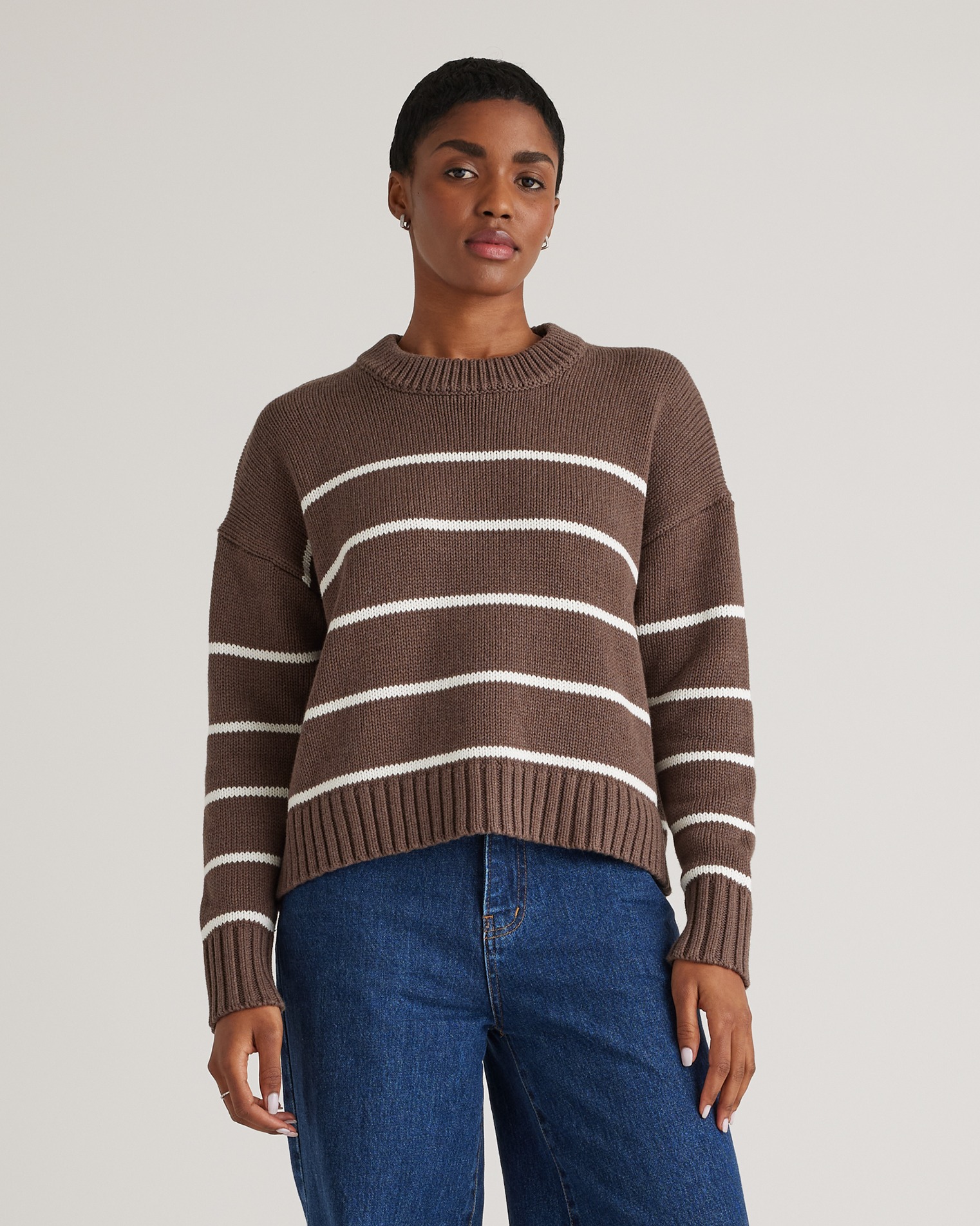 Quince Women's Striped Crew Sweater In Heather Brown/ivory