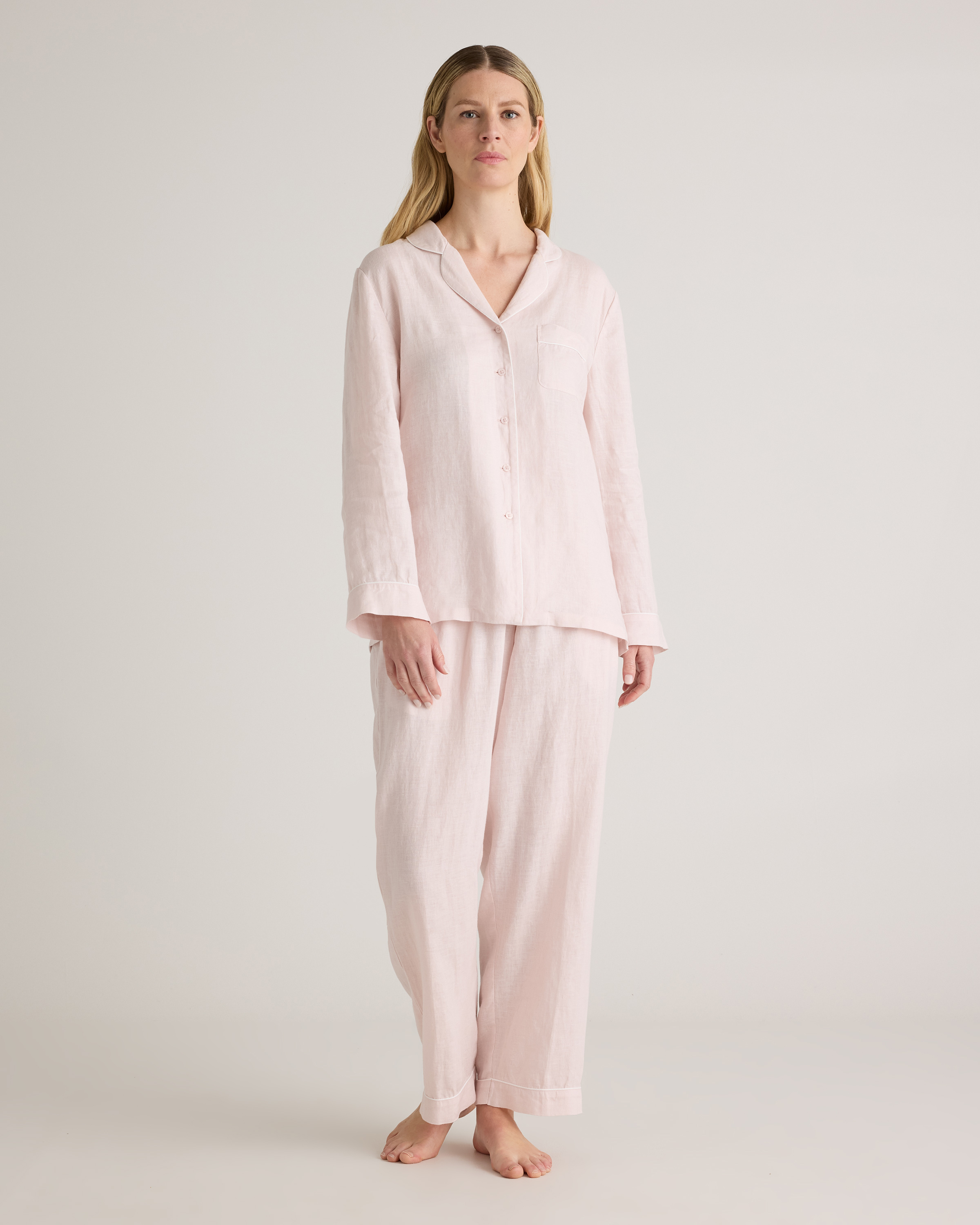 100% European Linen Long Sleeve Pajama Set with Piping