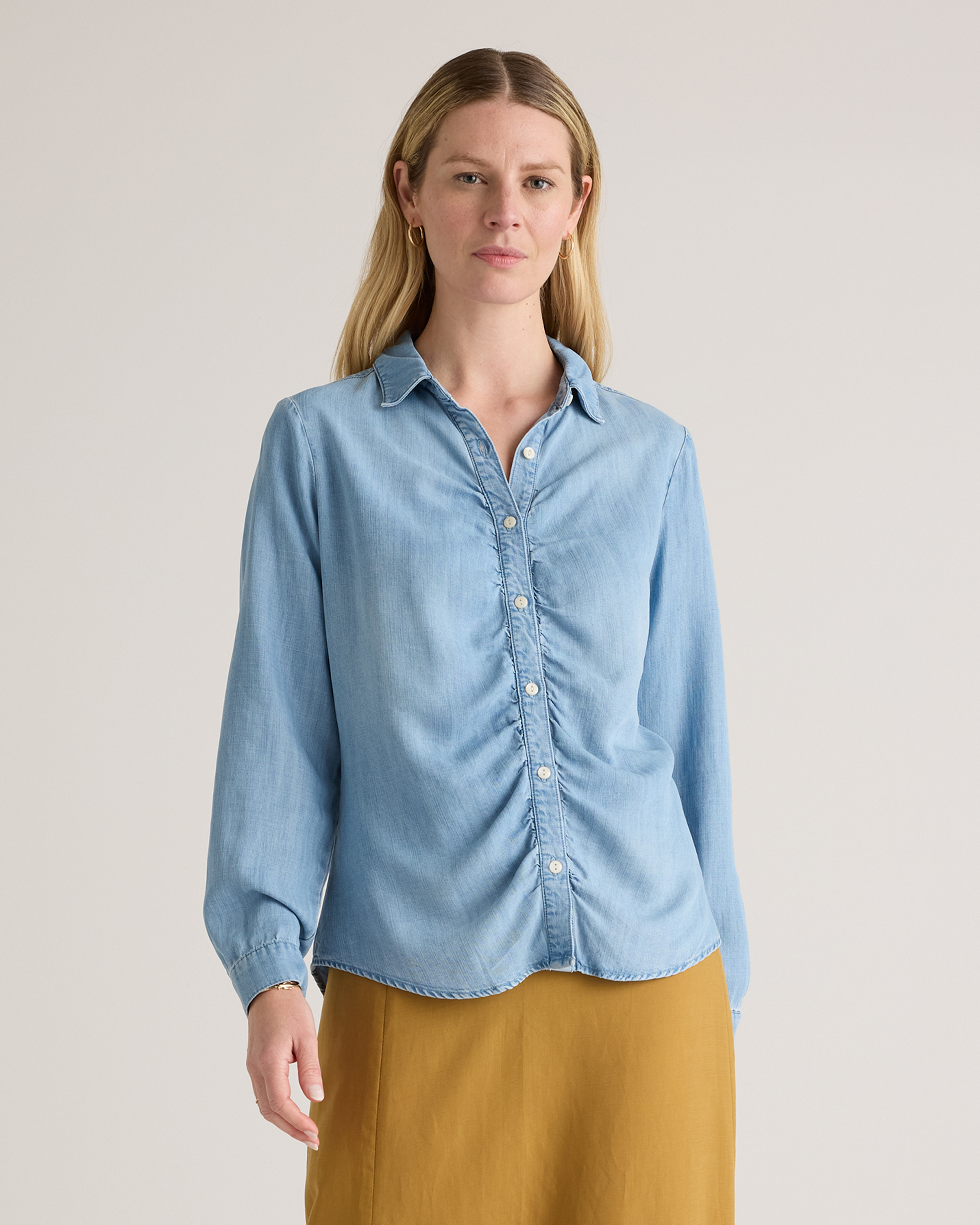 Quince Women's Chambray Tencel Shirred Long Sleeve Shirt In Light Indigo