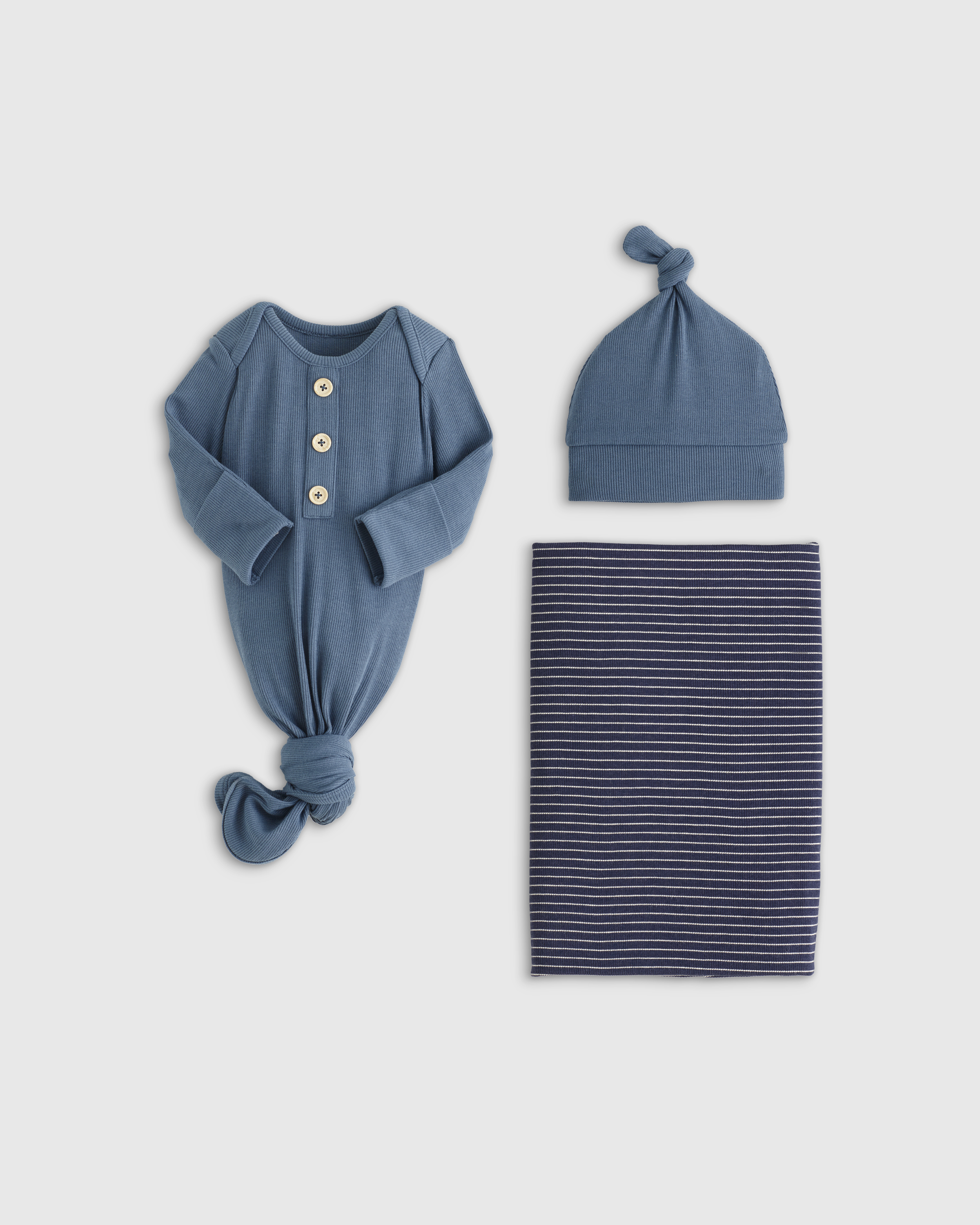 Shop Quince The Softest Rib Gown, Hat & Swaddle Layette Bundle In Navy Stripe/blue