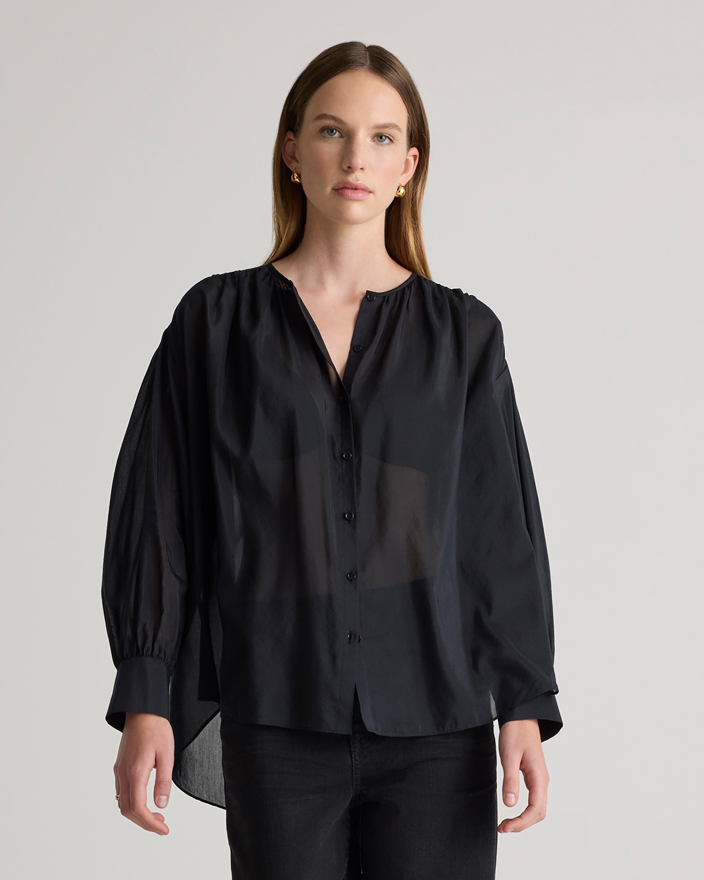 Cotton-Silk Voile Blouson Blouse