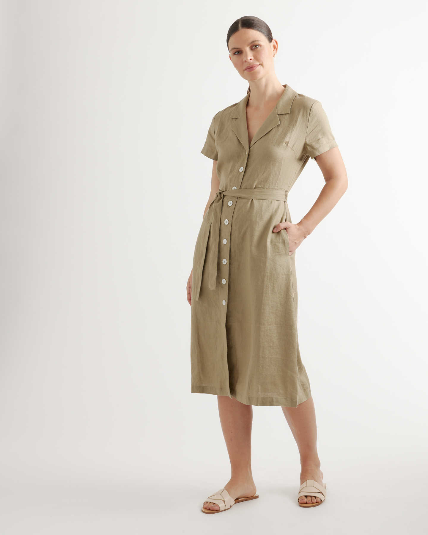 100% European Linen Button Front Dress - Washed Olive