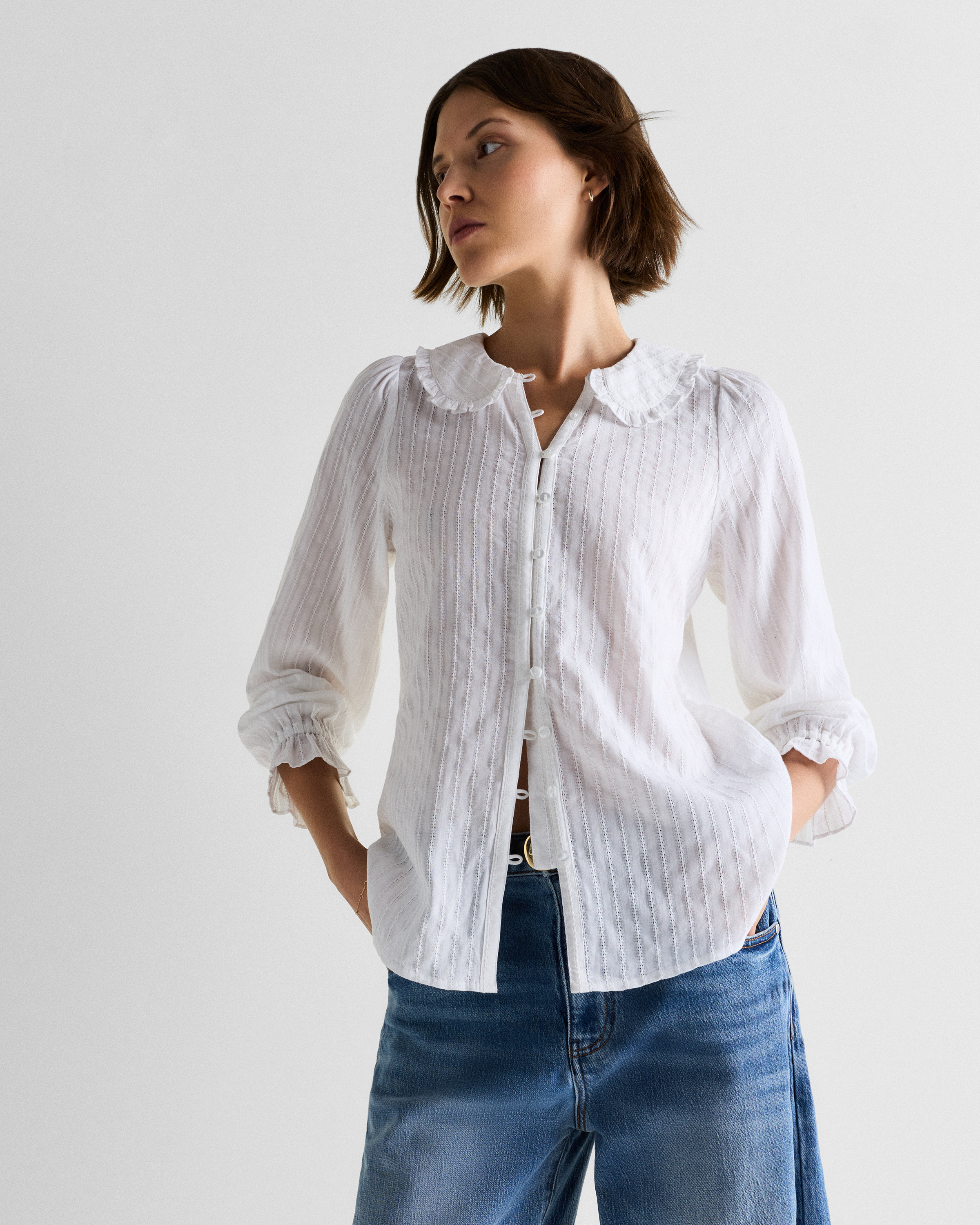 Embroidered Cotton Ruffle Collar Long Sleeve Blouse