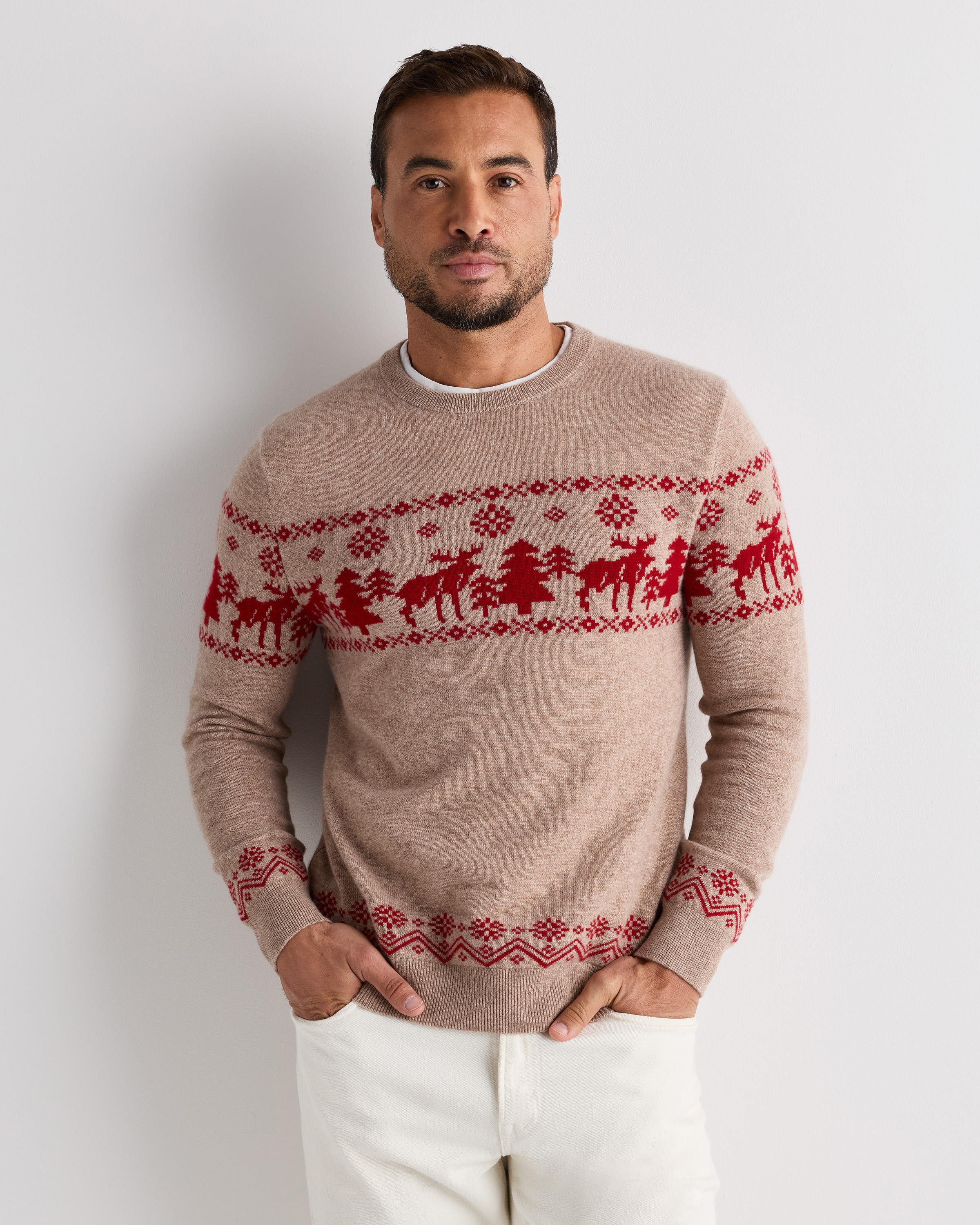 Men's Mongolian Cashmere Fair Isle Christmas Sweater in Oatmeal/Varsity Red