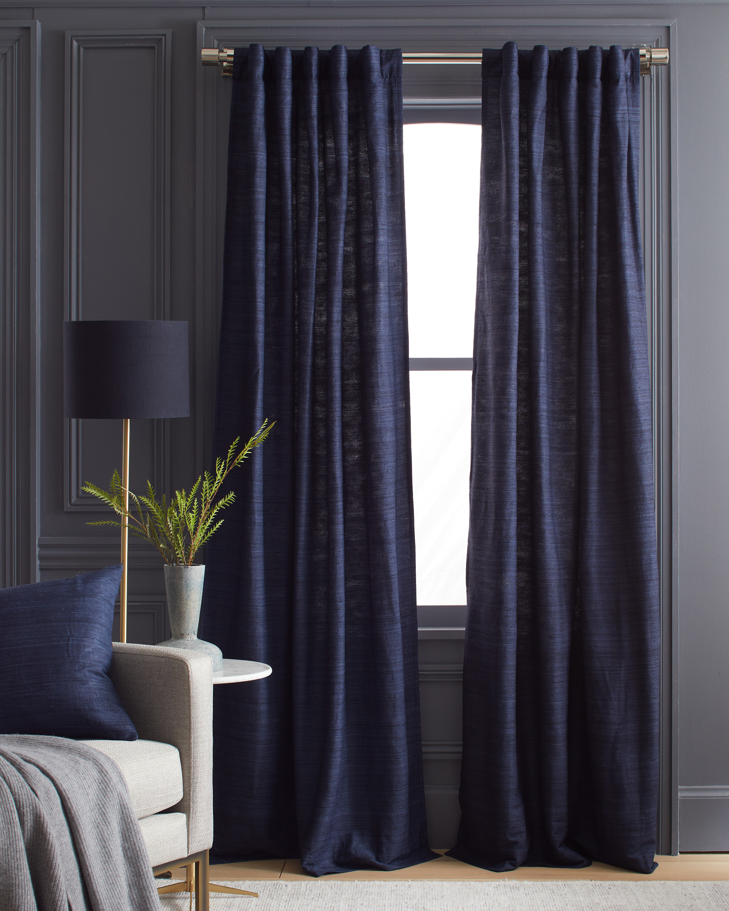 Quince Raw Silk Curtain In Navy