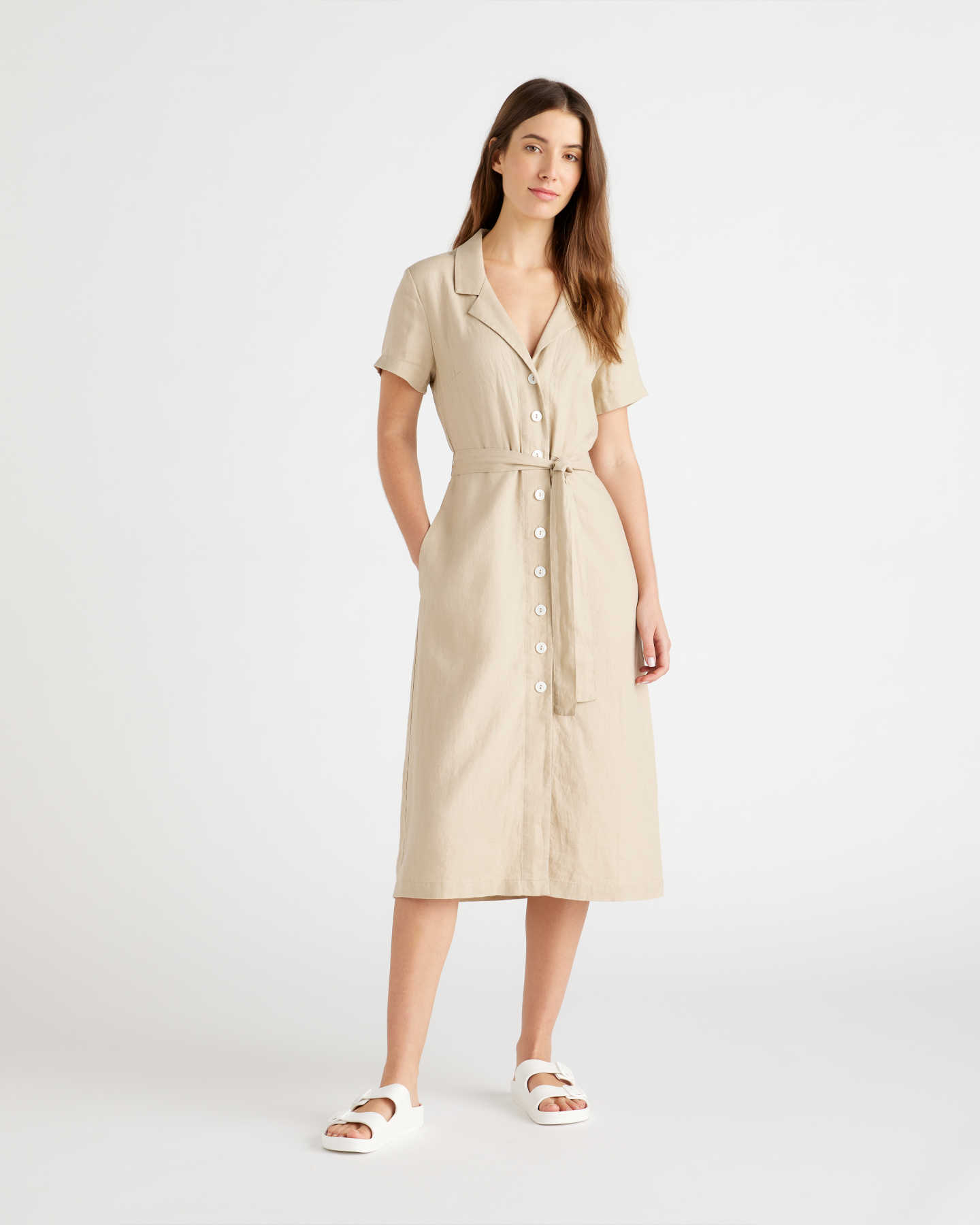 100% European Linen Button Front Dress - Driftwood